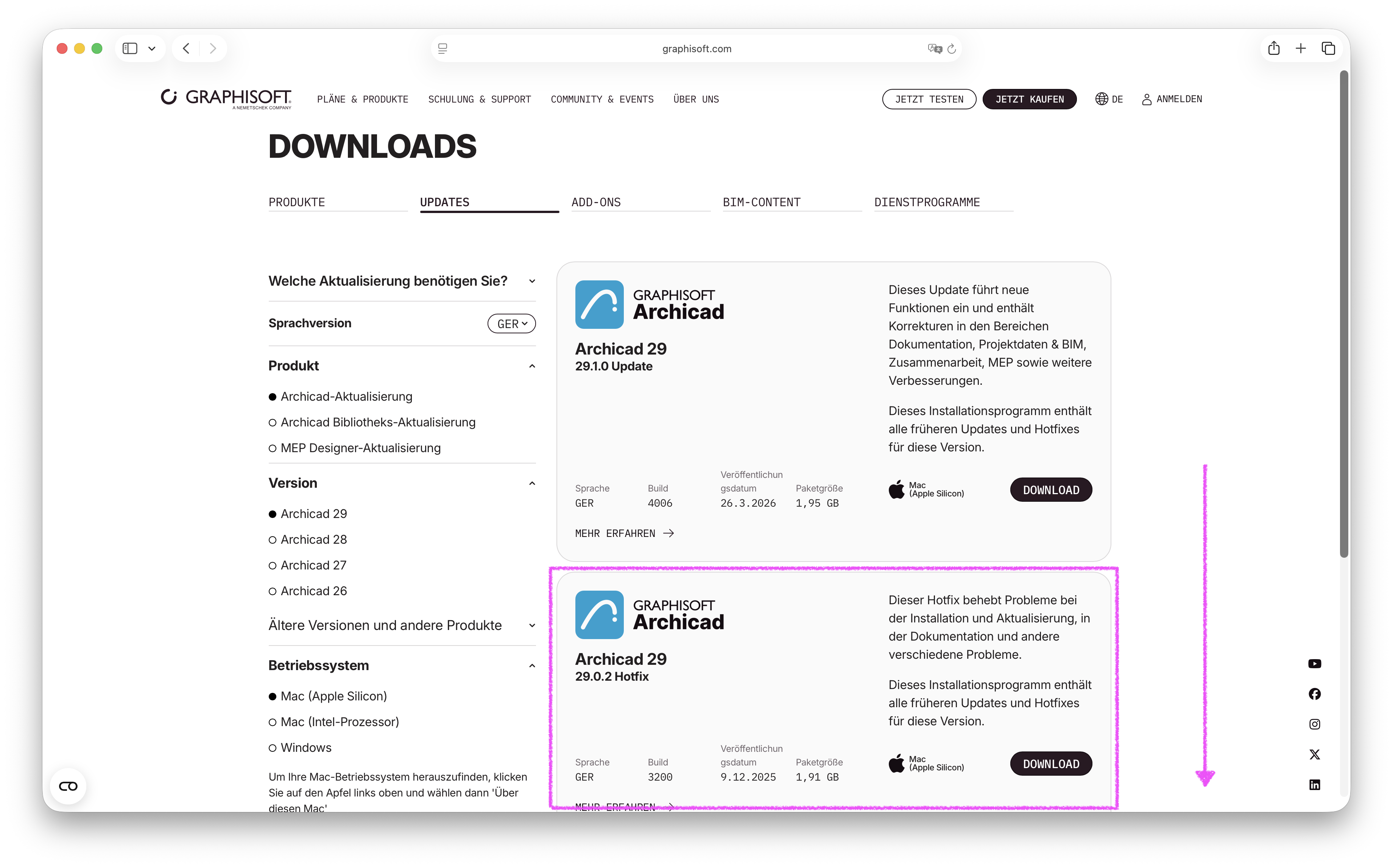 Graphisoft Download Webseite mit weiteren verfügbaren Updates und Hotfixes.