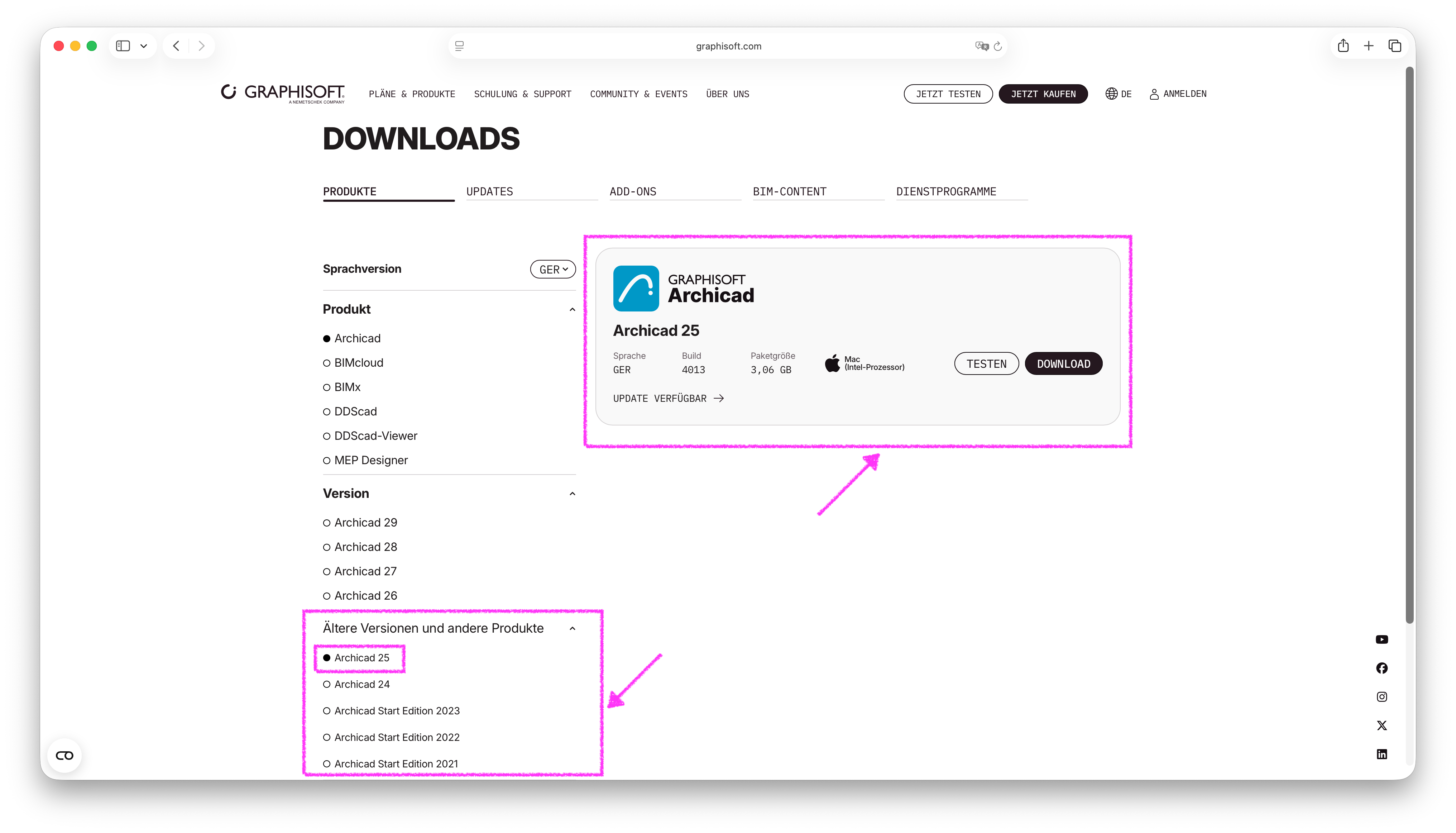 Graphisoft Download Webseite für das Produkt Archicad aufgeklappter Option 'Ältere Versionen und andere Produkte' und ausgewählter Archicad 25 Version.