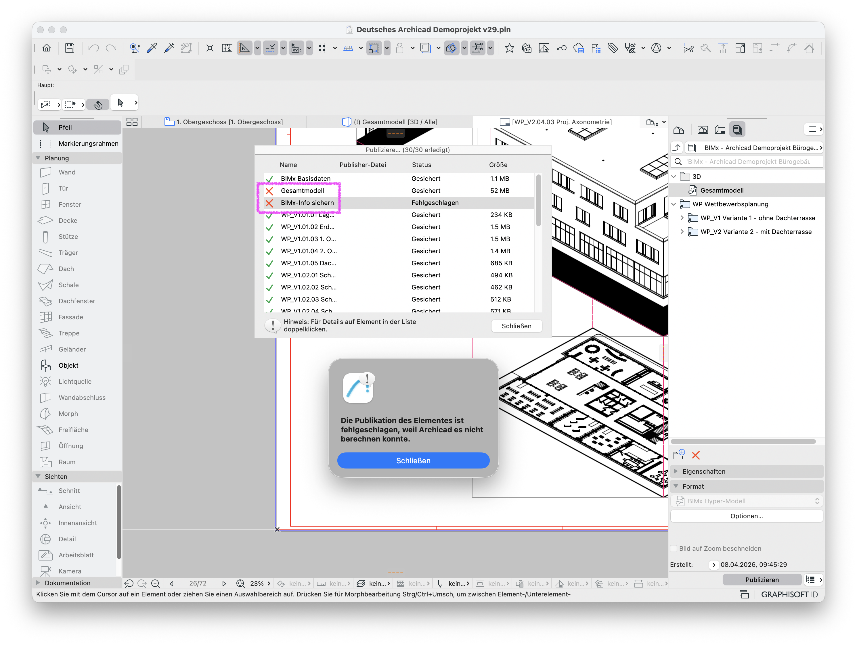 Dialog Publizieren mit fehlgeschlagenem Export, das 3D‑Modell Gesamtmodell und BIMx‑Info sichern sind mit roten X markiert, Meldung Die Publikation des Elements ist fehlgeschlagen, weil nicht berechnet werden konnte wird angezeigt.