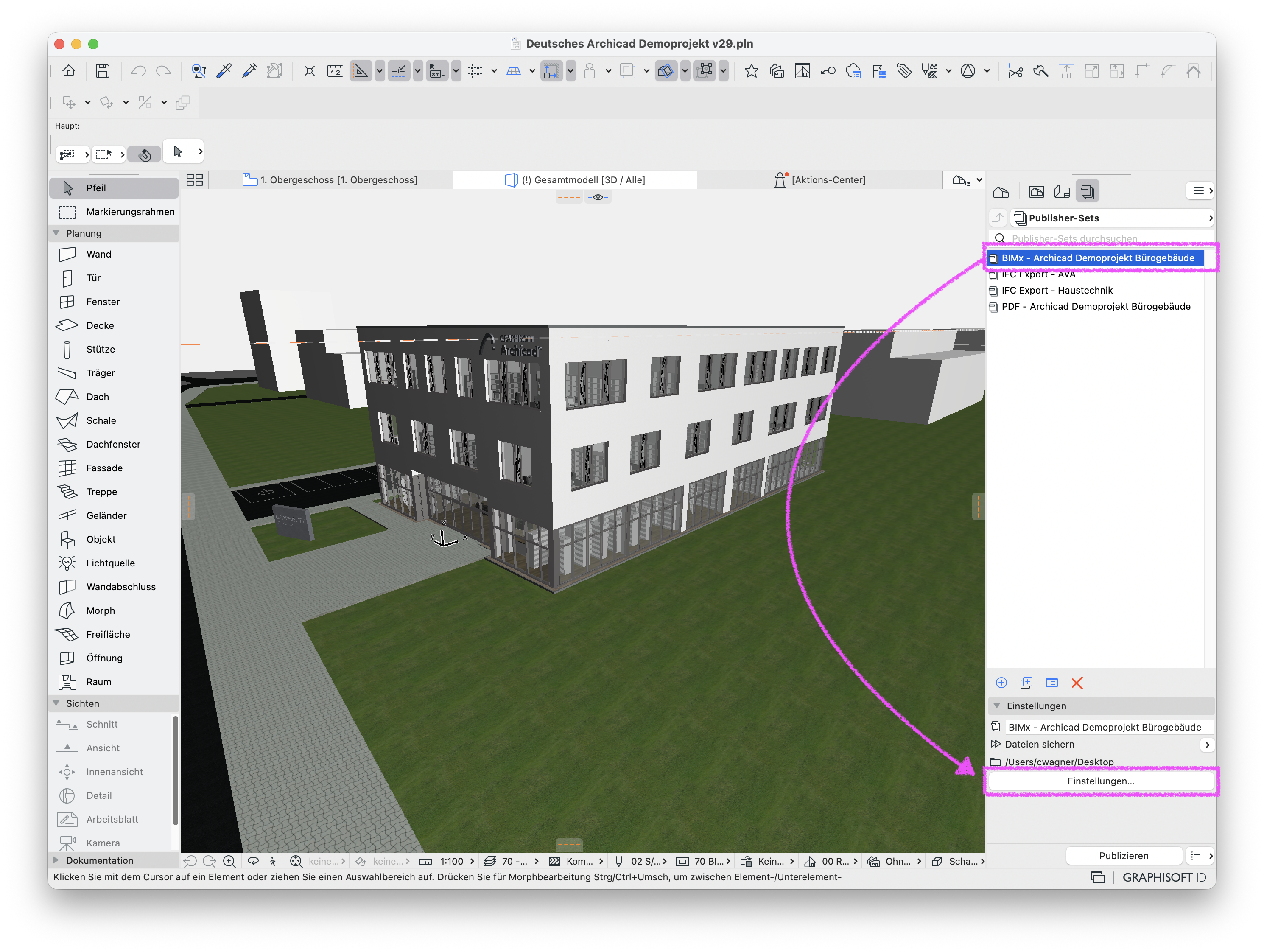 3D‑Ansicht des Bürogebäudemodells, im rechten Navigationsbereich ist das BIMx Publisher‑Set in der obersten Ebene ausgewählt, der markierte Button zum Öffnen der Einstellungen des Publisher‑Sets ist hervorgehoben.
