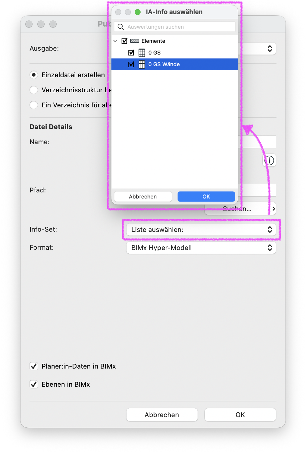 Dialog&nbsp;IA‑Info auswählen&nbsp;mit aktivierten Auswertungen&nbsp;für Elemente, der Dialog ist über den&nbsp;Publisher‑Set‑Einstellungen&nbsp;eingeblendet, ein Pfeil markiert die Zuordnung zur Option&nbsp;Liste auswählen&nbsp;im Feld&nbsp;Info‑Set.
