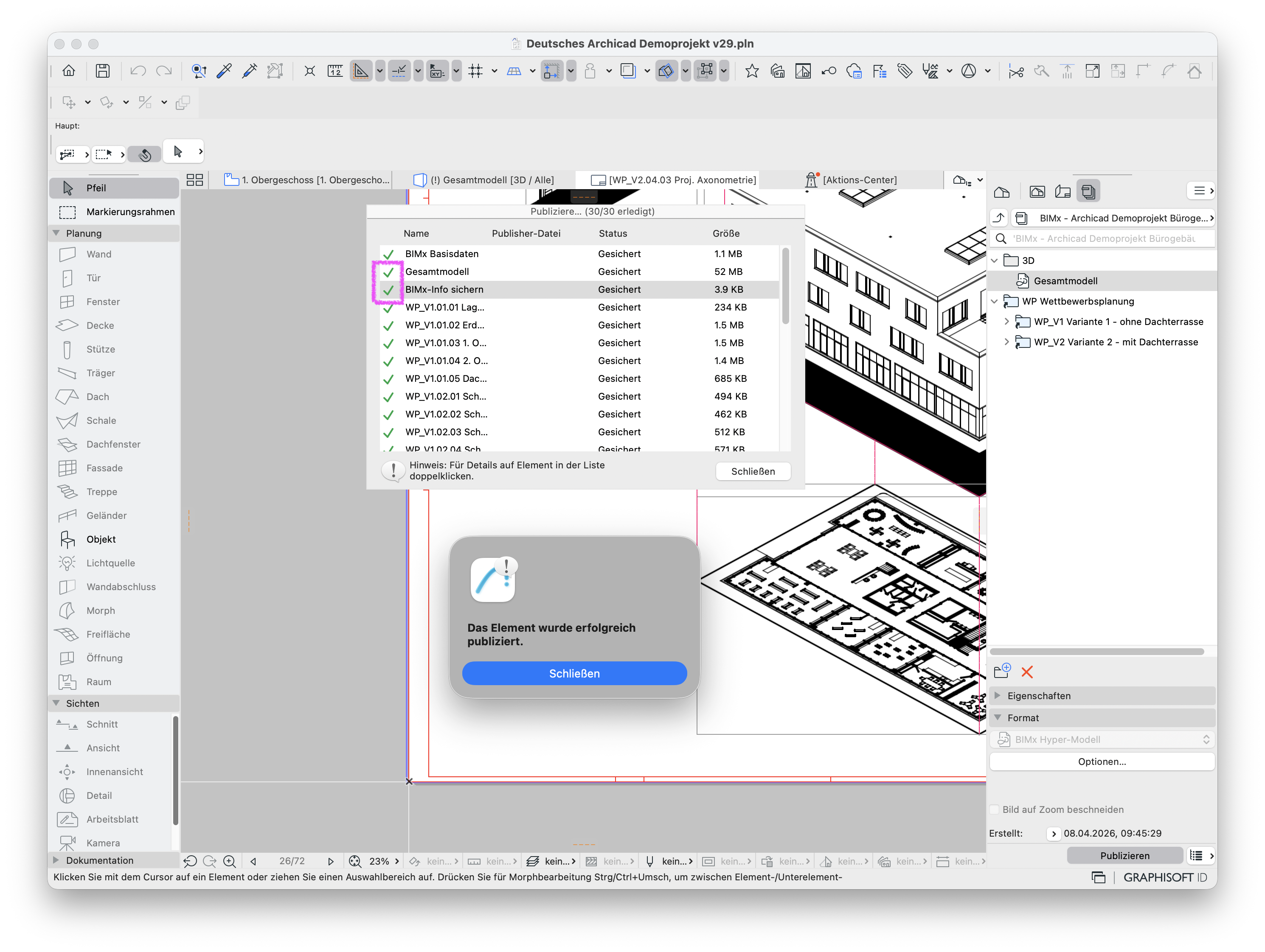 Dialog Publizieren mit erfolgreich abgeschlossenem Export, das 3D‑Modell Gesamtmodell und BIMx‑Info sichern sind mit grünen Häkchen markiert, darunter bestätigt ein Hinweisfenster mit dem Text Das Element wurde erfolgreich publiziert den erfolgreichen Publikationsvorgang.