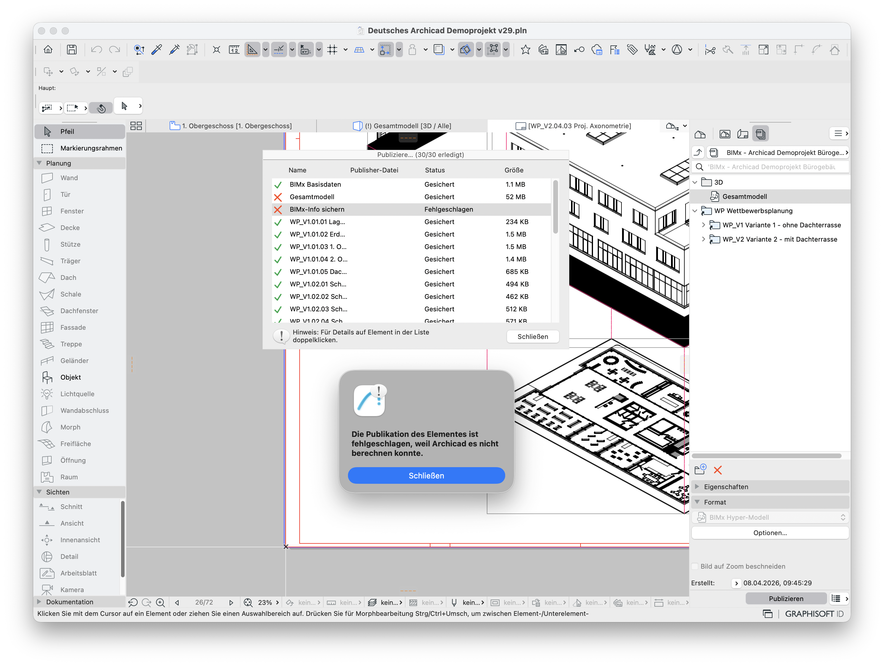 Offenes Archicad Programmfenster bei dem das BIMx Publisher-Set versucht wurde zu publizieren und die Fehlermeldung 'Die Publikation des Elements ist fehlgeschlagen, weil Archicad es nicht berechnen konnte' für einige mit roten X gekennzeichneten Publisher-Set-Elementen anzeigt.