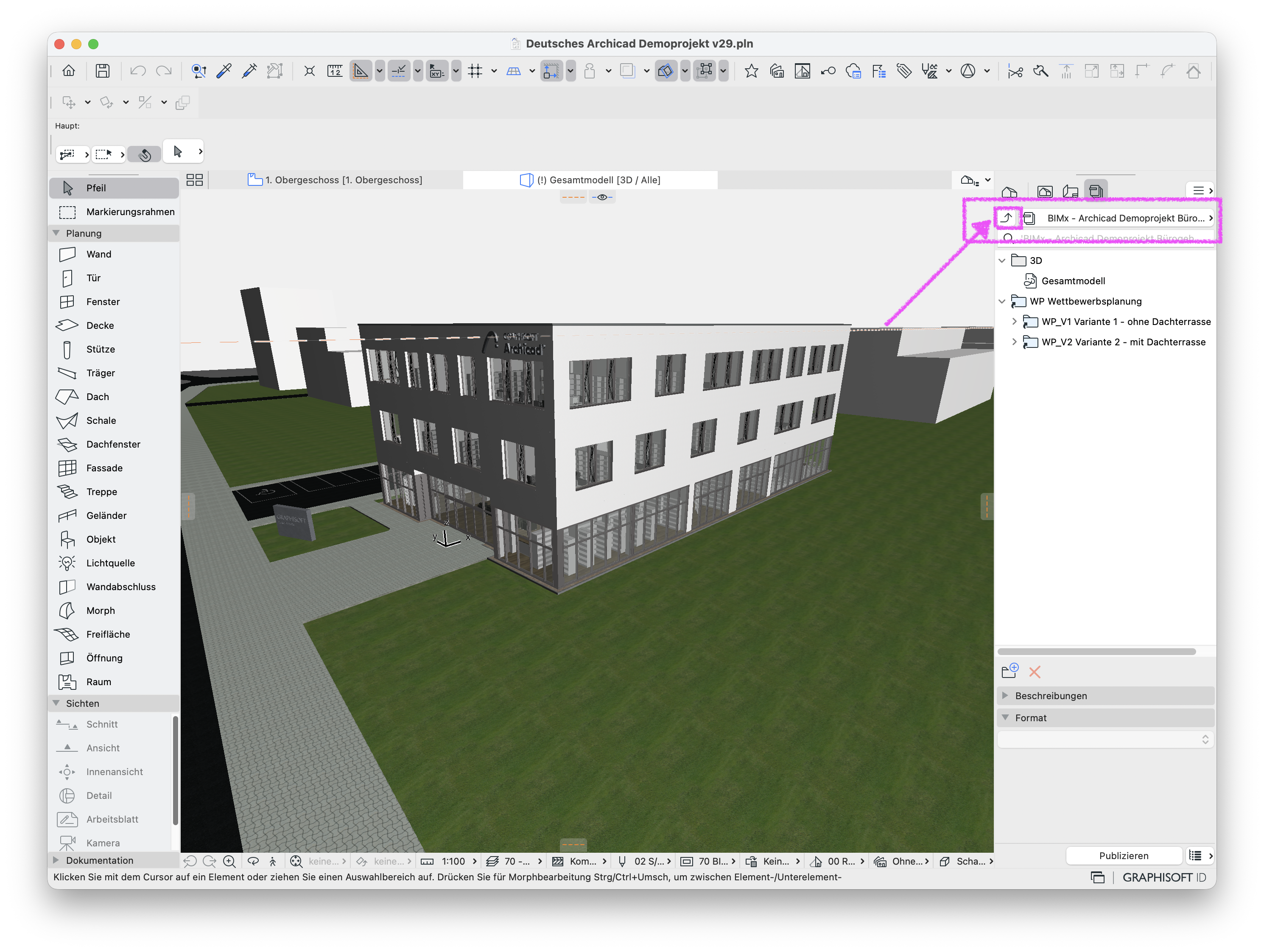 3D‑Ansicht des Bürogebäudemodells, im rechten Navigationsbereich zeigt ein Pfeil auf die Schaltfläche zum Wechsel in die oberste Ebene des BIMx Publisher‑Sets, über die anschließend die Einstellungen des Publisher‑Sets geöffnet werden können.