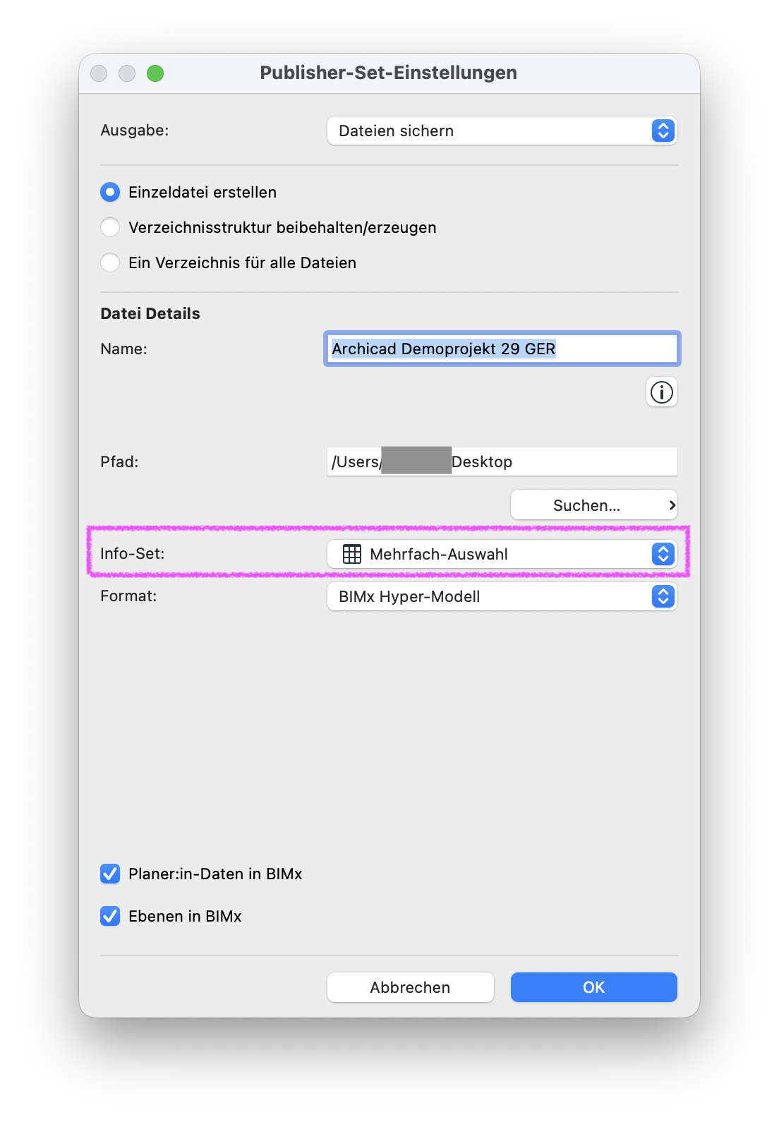 Dialog Publisher‑Set‑Einstellungen mit aktivem Ausgabeziel Dateien sichern, im Bereich Info‑Set ist der Eintrag Mehrfach‑Auswahl hervorgehoben, darunter ist als Format BIMx Hyper‑Modell eingestellt.