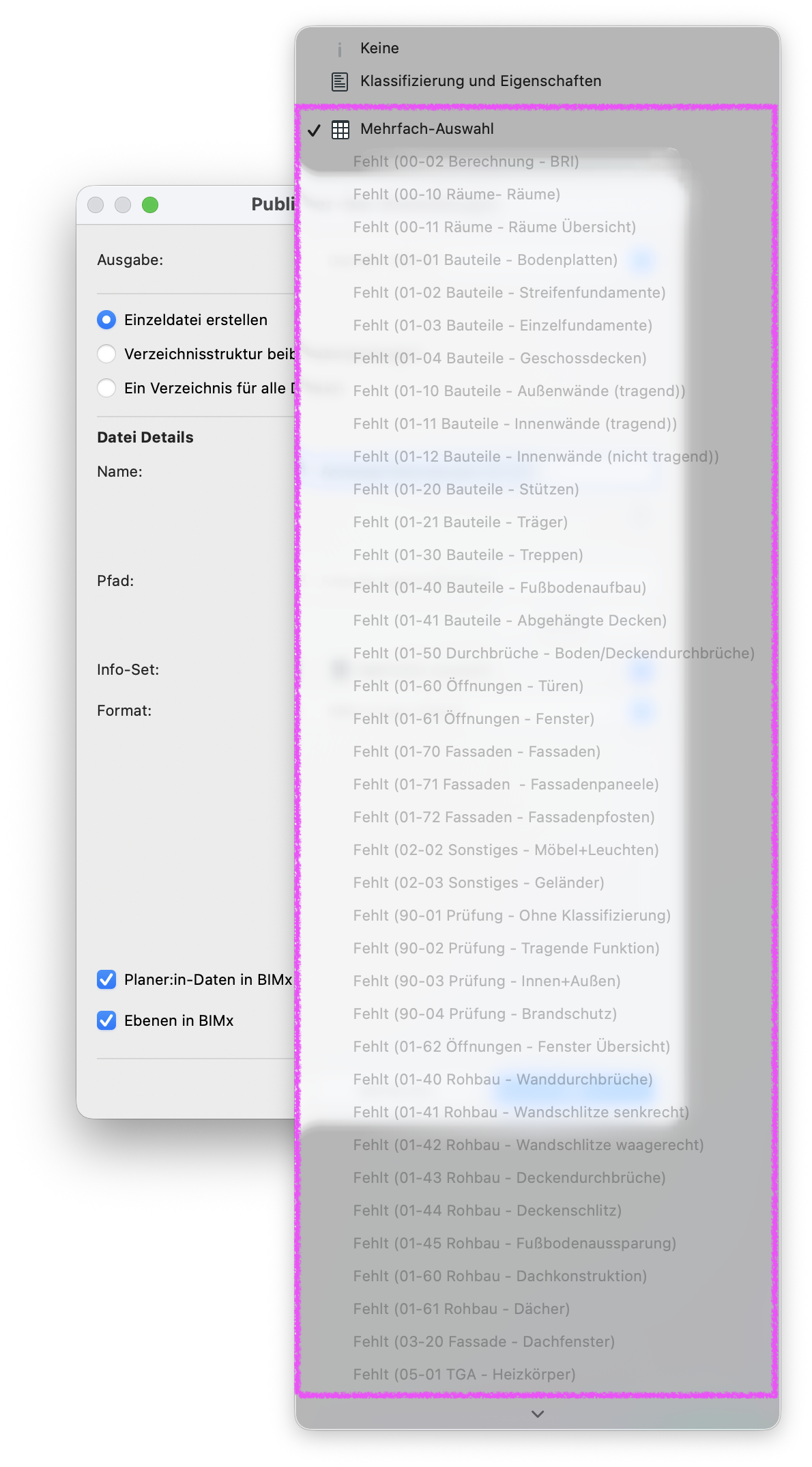 Dialog zur Auswahl des Info‑Sets mit aktivem Eintrag Mehrfach‑Auswahl, eine lange Liste von als Fehlt markierten Auswertungen wird angezeigt, der Bereich des Auswahlfensters ist hervorgehoben.