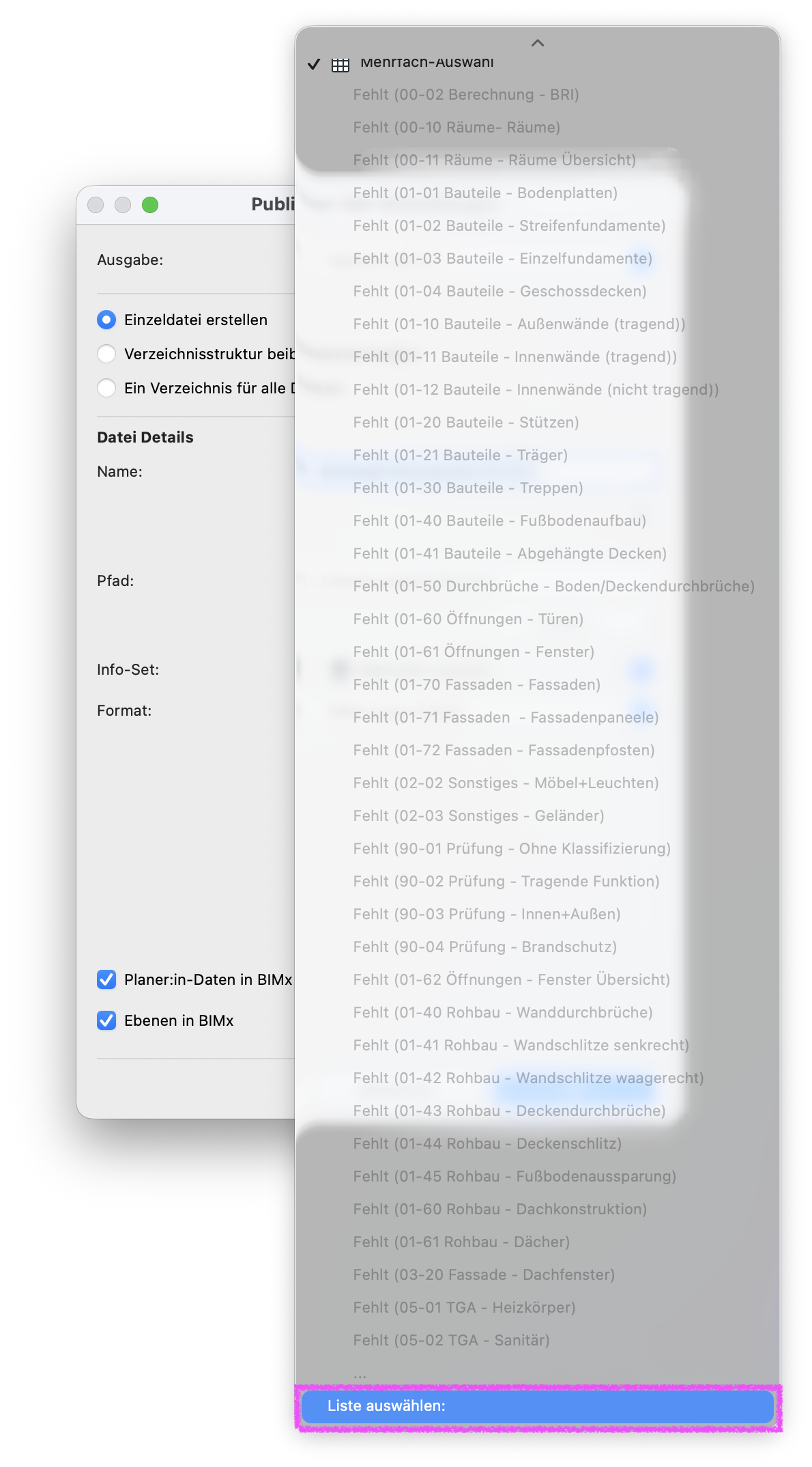 Dialog zur Auswahl des Info‑Sets mit aktivem Eintrag Mehrfach‑Auswahl, eine lange Liste von als Fehlt markierten Auswertungen wird angezeigt, am unteren Rand ist die Schaltfläche Liste auswählen hervorgehoben.