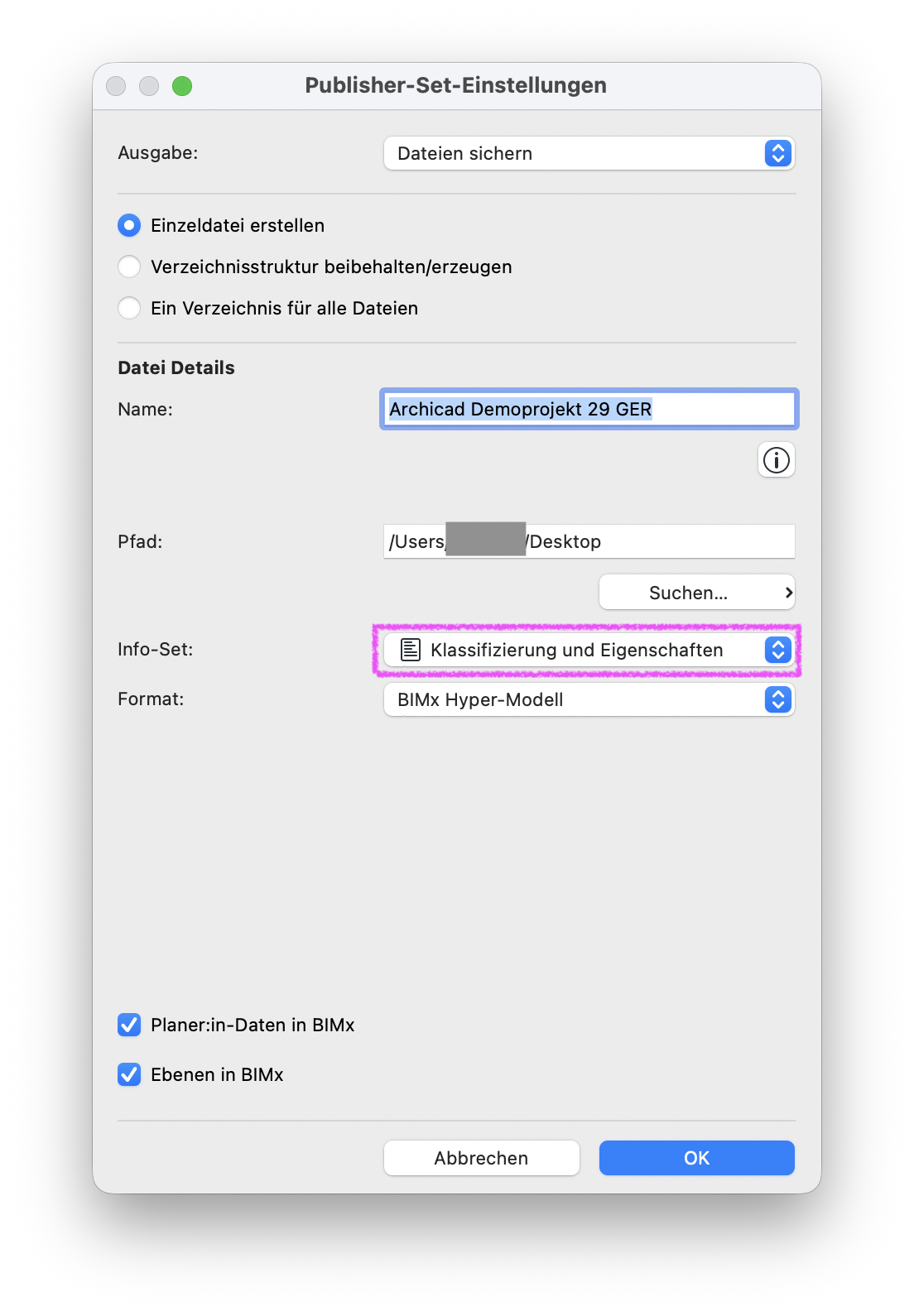 Dialog Publisher‑Set‑Einstellungen mit Ausgabeziel Dateien sichern, im Bereich Info‑Set ist der Eintrag Klassifizierung und Eigenschaften hervorgehoben, unten sind die Optionen Planer:in‑Daten in BIMx und Ebenen in BIMx aktiviert.