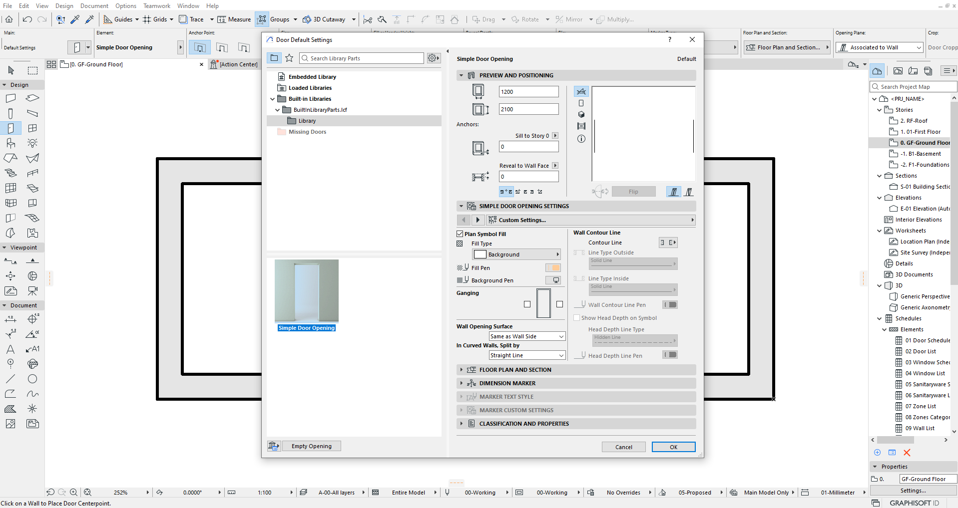 Fenêtre des paramètres « Simple Door Opening » dans Archicad, affichant à gauche la bibliothèque de portes avec l’élément sélectionné et sa vignette 3D, au centre les options de prévisualisation et de positionnement (dimensions, hauteur d’allège, ancrage, symbole de plan), et à droite les réglages détaillés de représentation en plan, de contours de mur, de surface et de marqueur de dimension, superposés à un plan d’étage avec un mur épais en vue en plan.