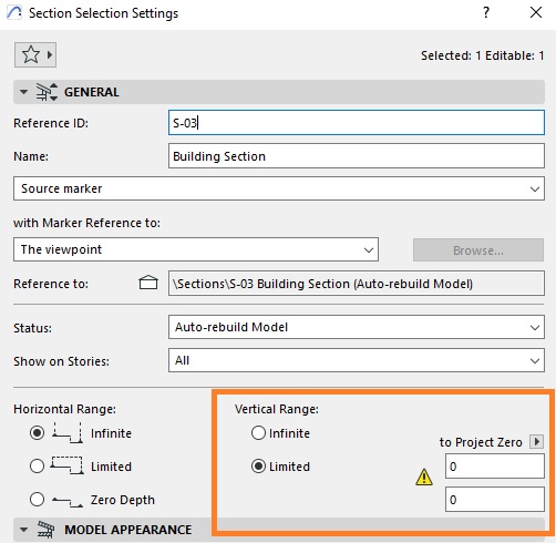 Fenêtre Archicad « Section Selection Settings » affichant les paramètres d’une coupe nommée « Building Section », avec zone encadrée en orange autour des options « Vertical Range » Infinite ou Limited et champs de hauteur associés.