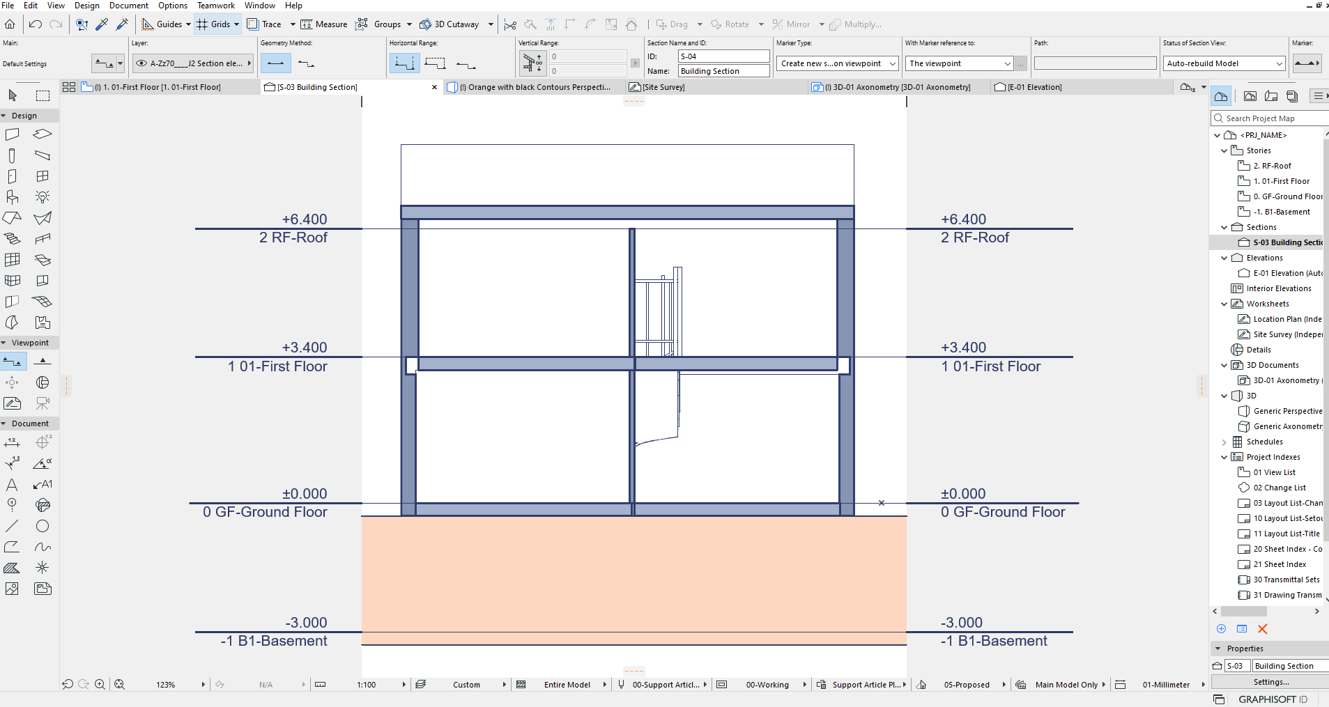 Vue de coupe dans Archicad montrant un bâtiment avec sous-sol, rez-de-chaussée, premier étage et toiture, chaque niveau coté (+6.400, +3.400, ±0.000, −3.000) et étiqueté 2 RF-Roof, 1 01-First Floor, 0 GF-Ground Floor, −1 B1-Basement.