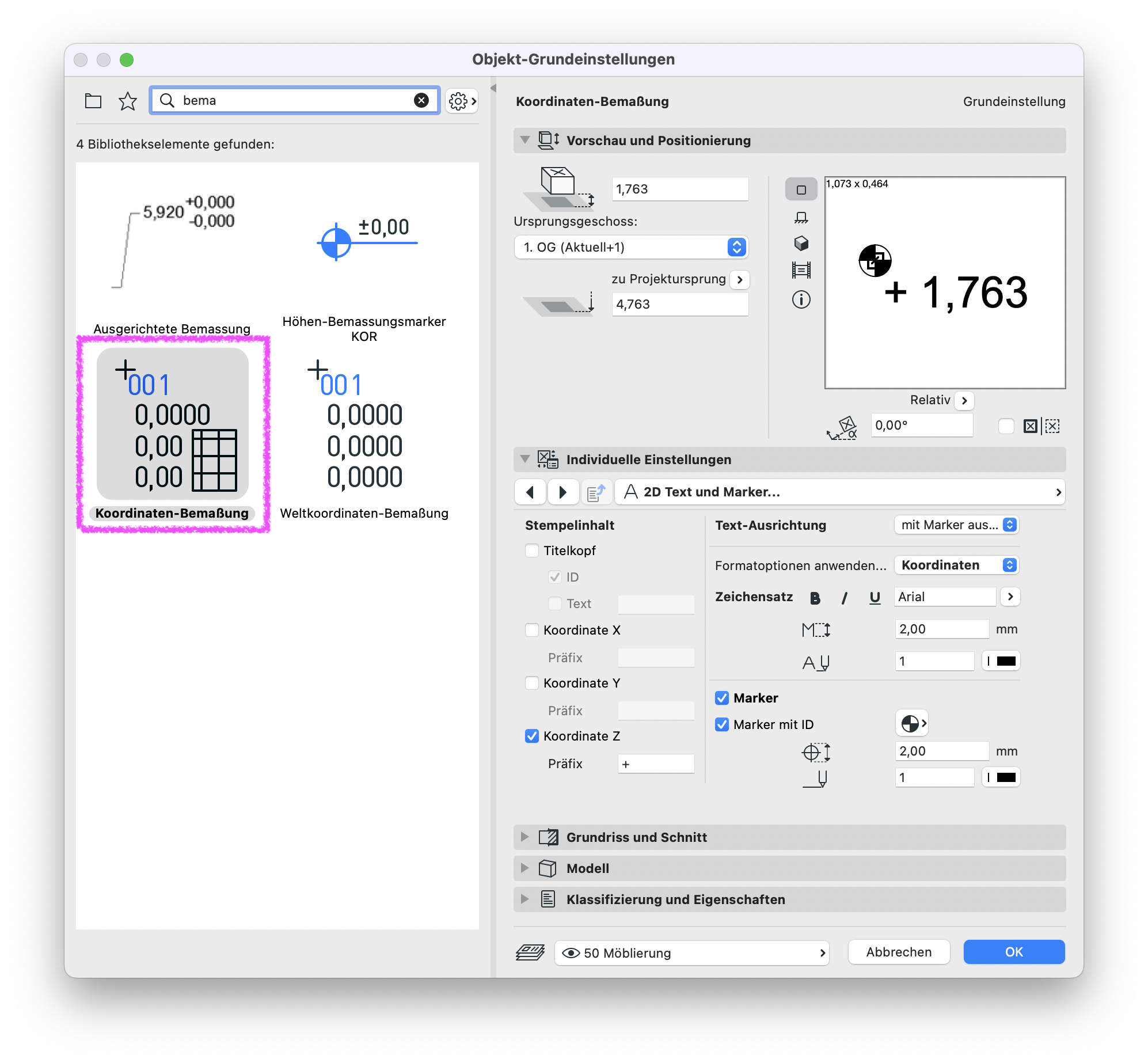 Archicad Objekt-Grundeinstellungen mit ausgewähltem Objekt Koordinaten-Bemaßung, inklusive Vorschau und Parametereinstellungen zur Anzeige von X-, Y- und Z-Koordinaten im Grundriss.