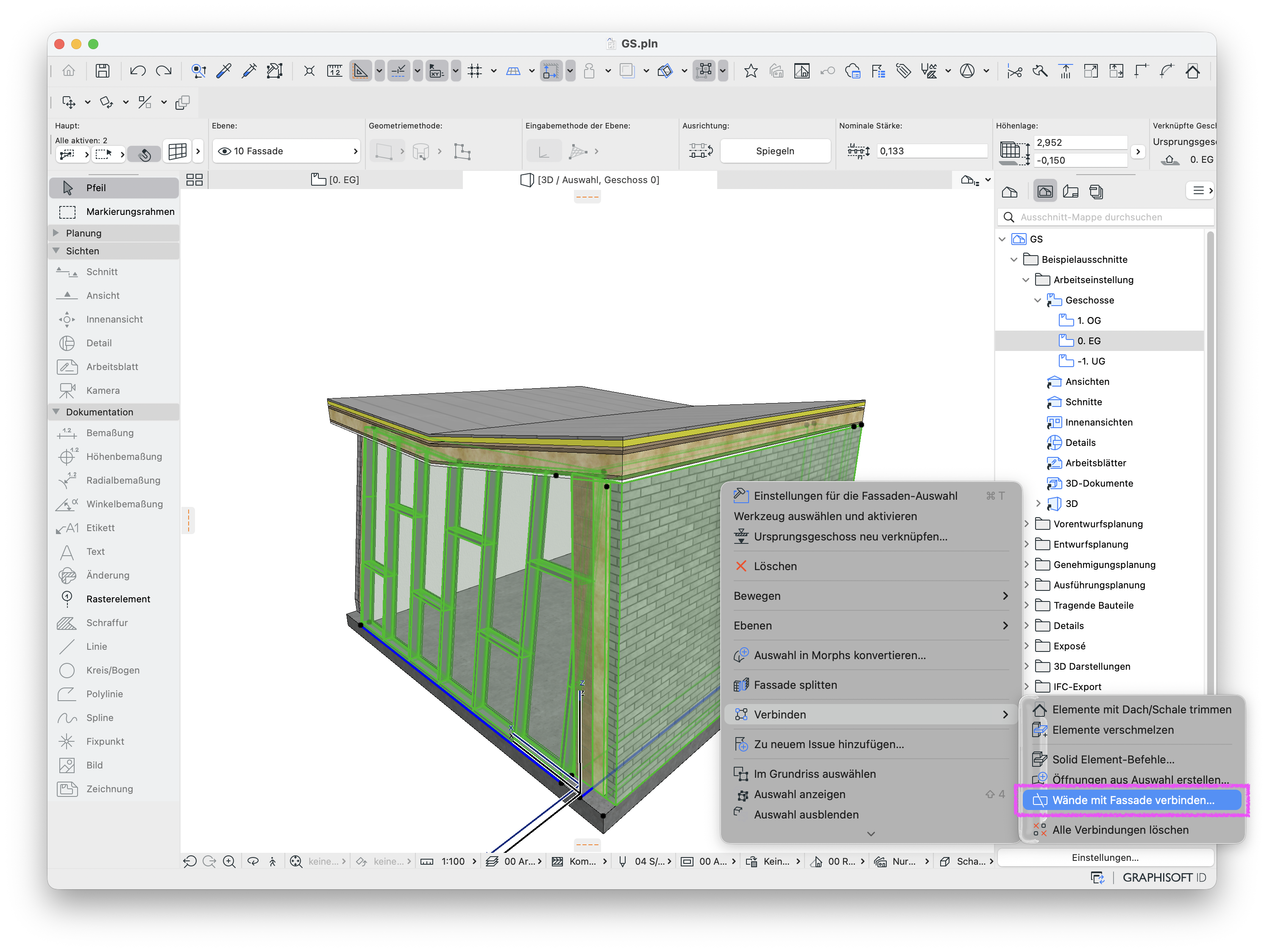 3D‑Ansicht eines Pavillon‑Modells mit Fassade, im Kontextmenü der ausgewählten Fassade ist der Befehl Wände mit Fassade verbinden hervorgehoben.