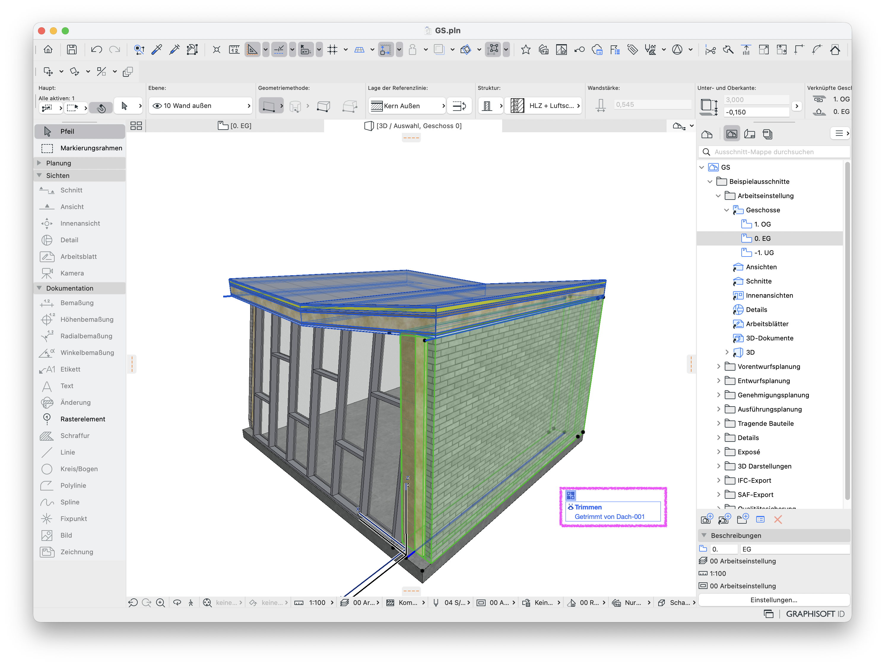 3D-Modell von Archicad bei der die Wand nach entfernen aller Verbindungen wieder sichtbar wird.