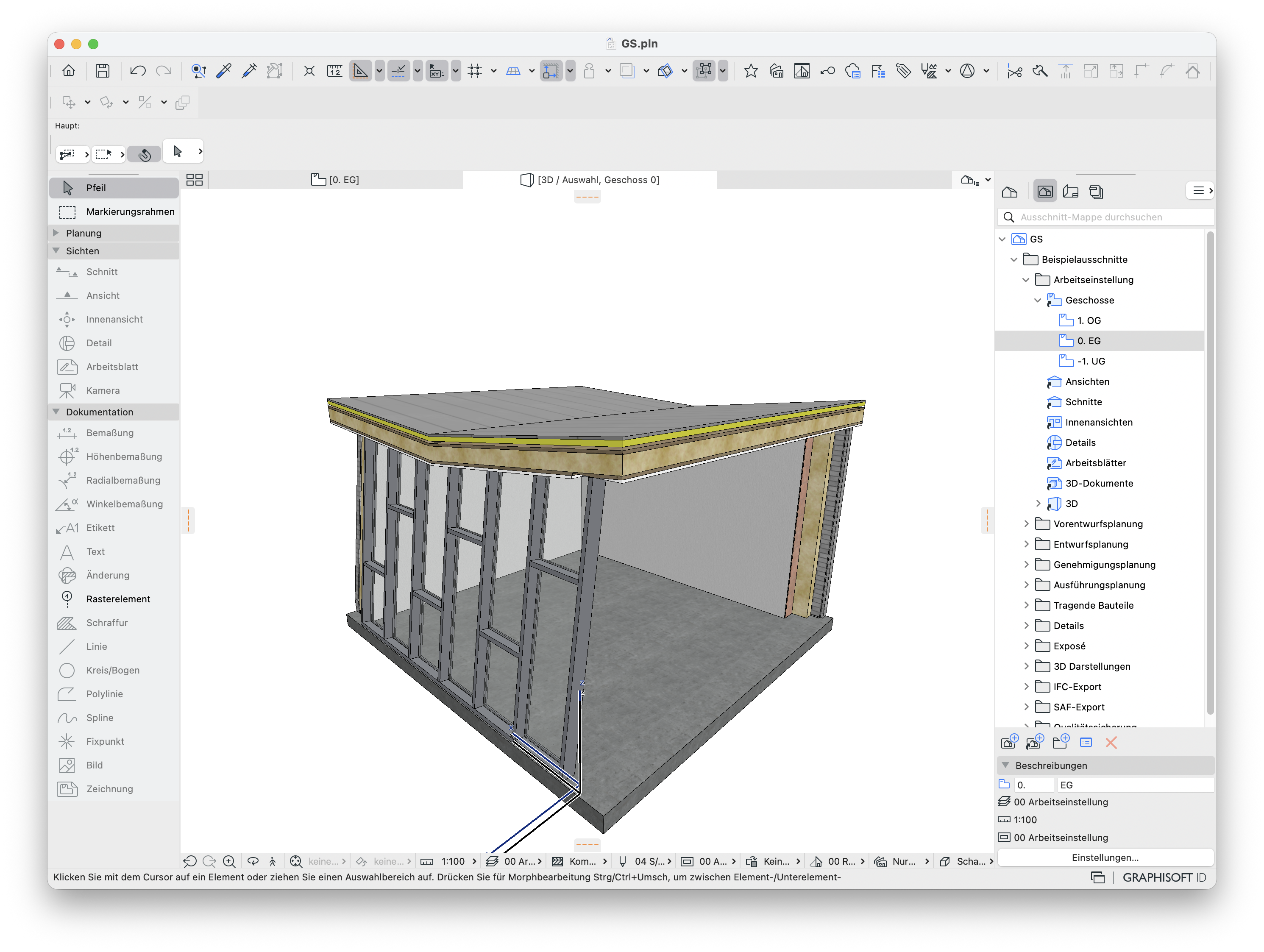 3D-Modell von Archicad, bei der die verbundene Wand nach Befehlsausführung verschwunden ist.