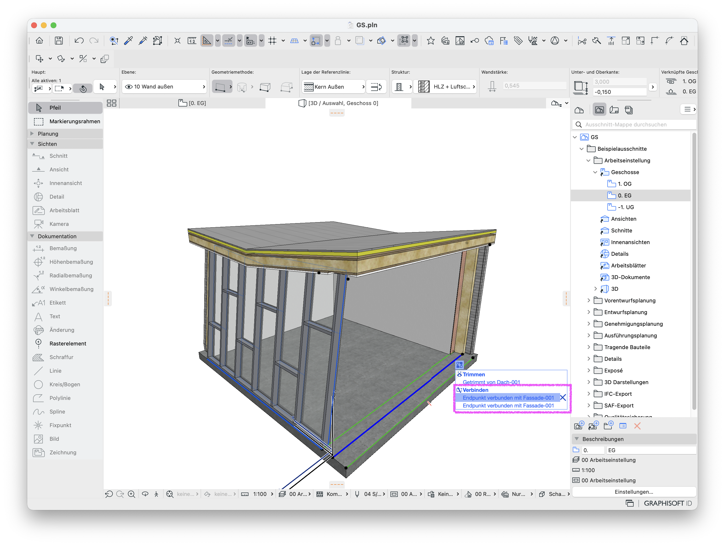 D‑Modell von Archicad mit Fassaden‑ und Wandkonstruktion, für die verschwundene Wand werden mehrere Verbindungsbefehle und Trimmbefehl angezeigt.