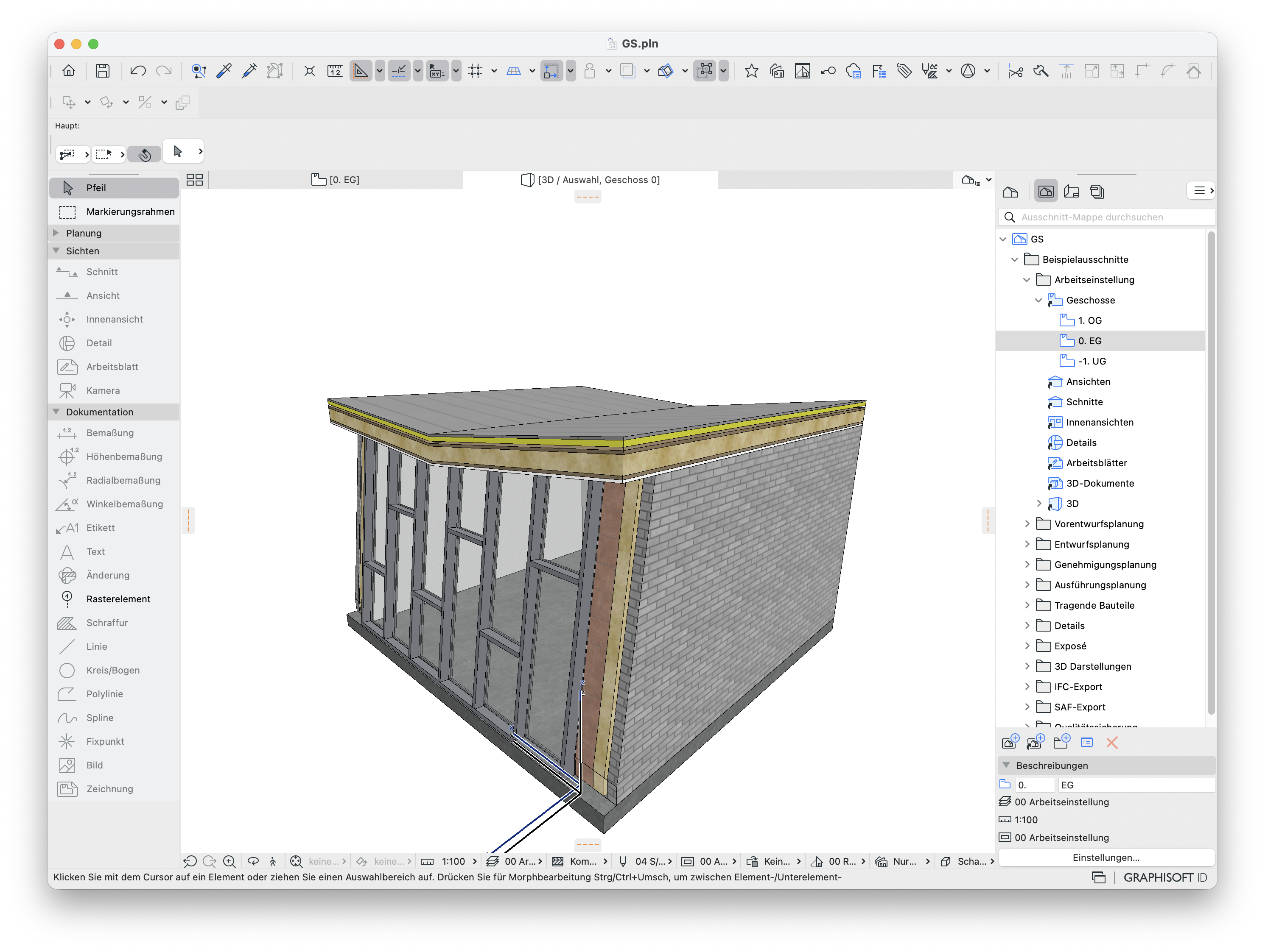 3D‑Modell von Archicad mit Fassaden‑ und Wandkonstruktion, die zuvor verschwundene Wand ist nach Entfernen und Korrigieren der Verbindungen wieder vollständig sichtbar.