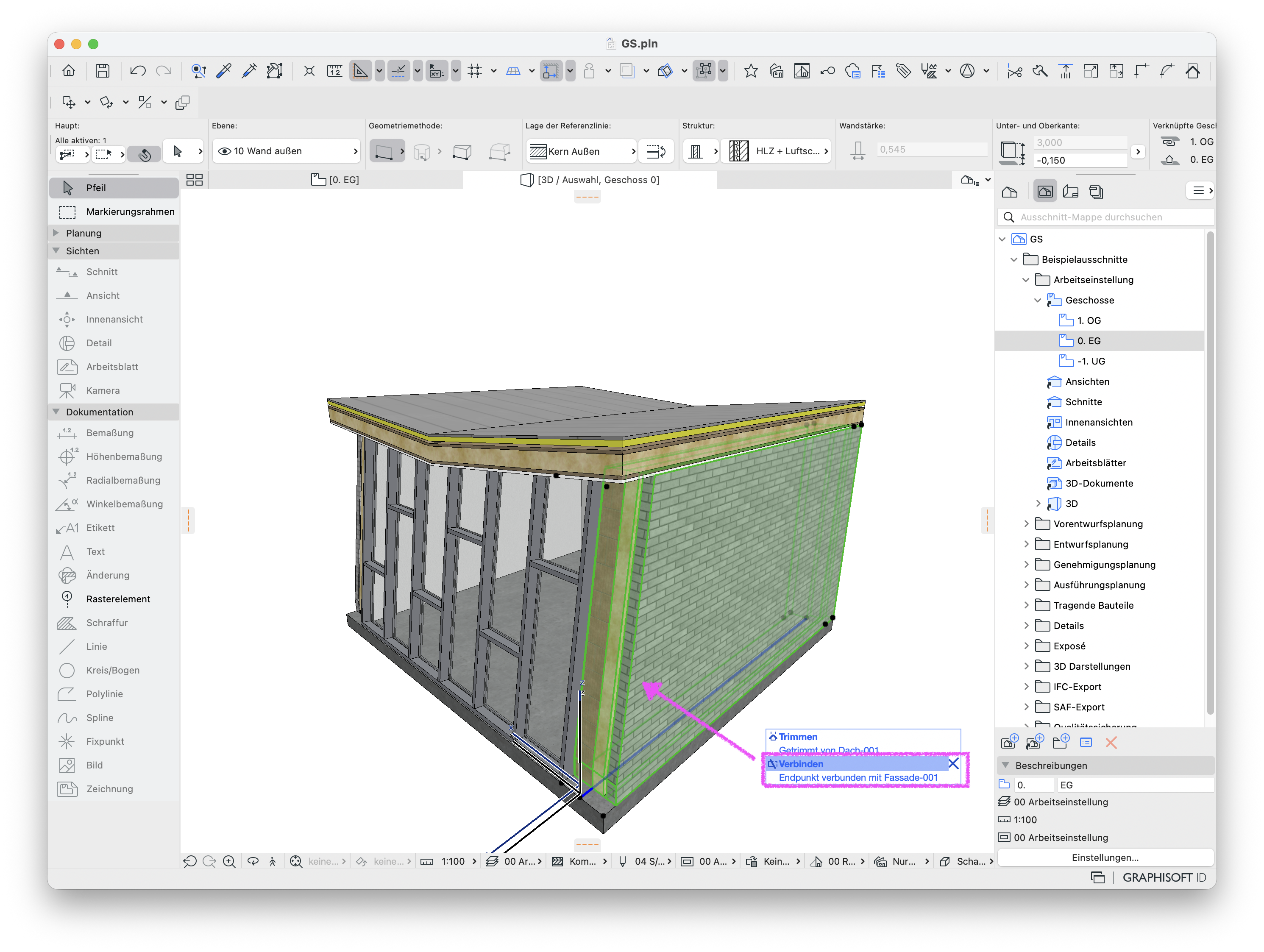 D‑Modell von Archicad mit Fassaden‑ und Wandkonstruktion, Wand und Fassade sind über einen korrekt ausgeführten Verbindungsbefehl miteinander verbunden.