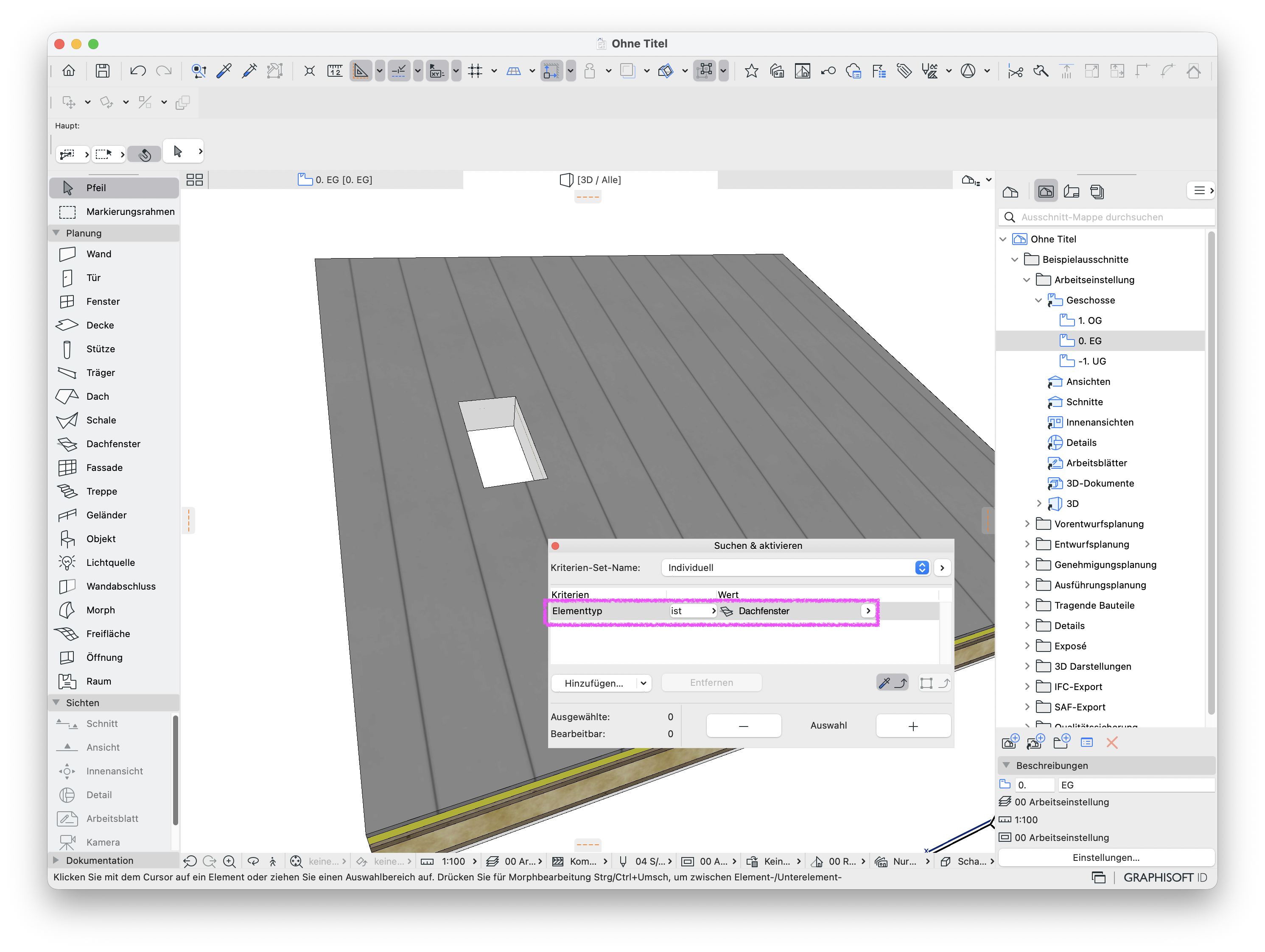 3D‑Ansicht einer geneigten Dachfläche mit rechteckiger Öffnung, im Dialog Suchen & aktivieren ist als Kriterium Elementtyp ist Dachfenster eingestellt um die Öffnung aufzufinden und zu aktivieren.