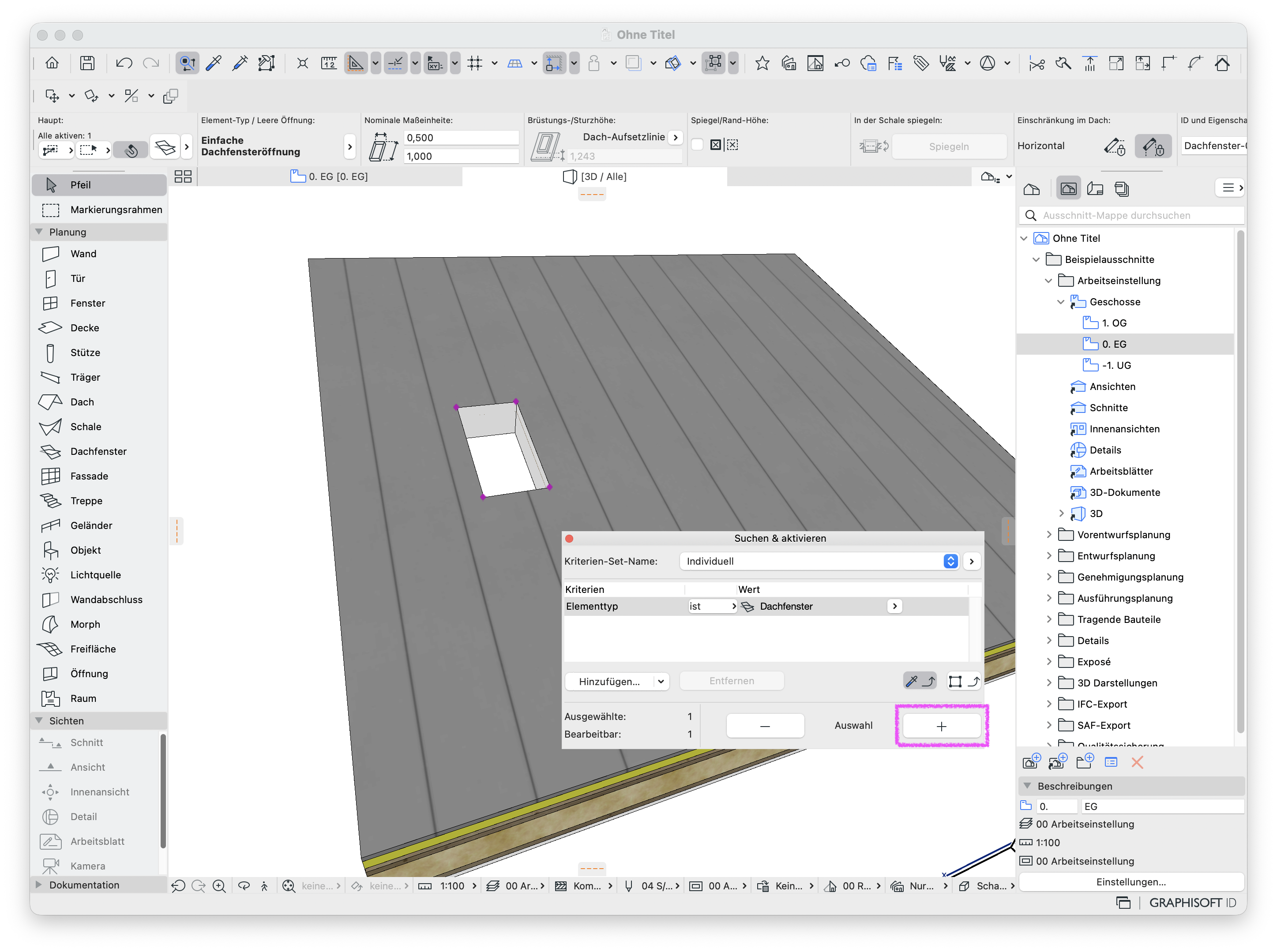 3D‑Ansicht einer geneigten Dachfläche mit ausgewählter einfacher Dachfensteröffnung, im Dialog Suchen & aktivieren ist das Kriterium Elementtyp ist Dachfenster eingestellt und über die Schaltfläche + wird die gefundene Öffnung zur aktuellen Auswahl hinzugefügt.