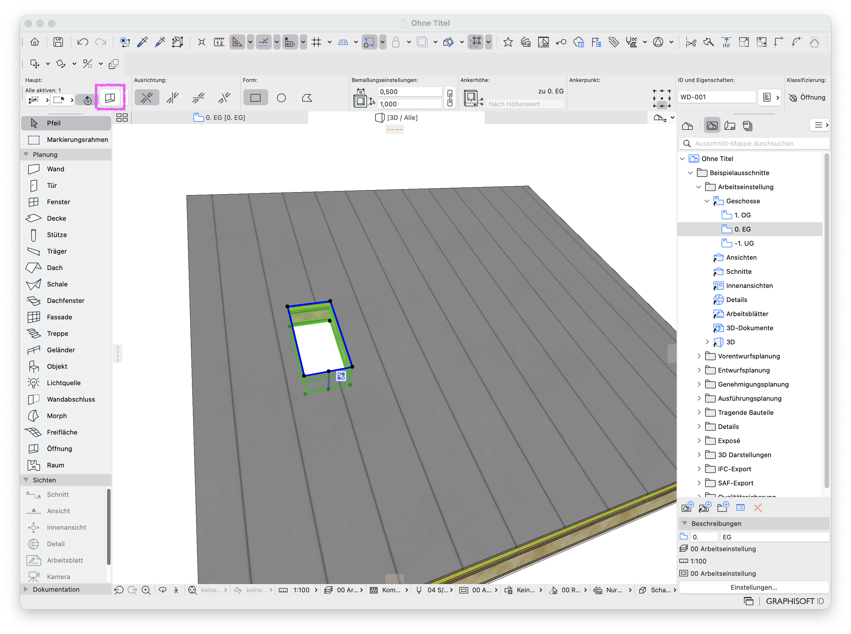 3D‑Ansicht einer Dachfläche mit ausgewählter Öffnung, welche mit dem Öffnung‑Werkzeug platziert wurde und im 3D direkt auswählbar ist.