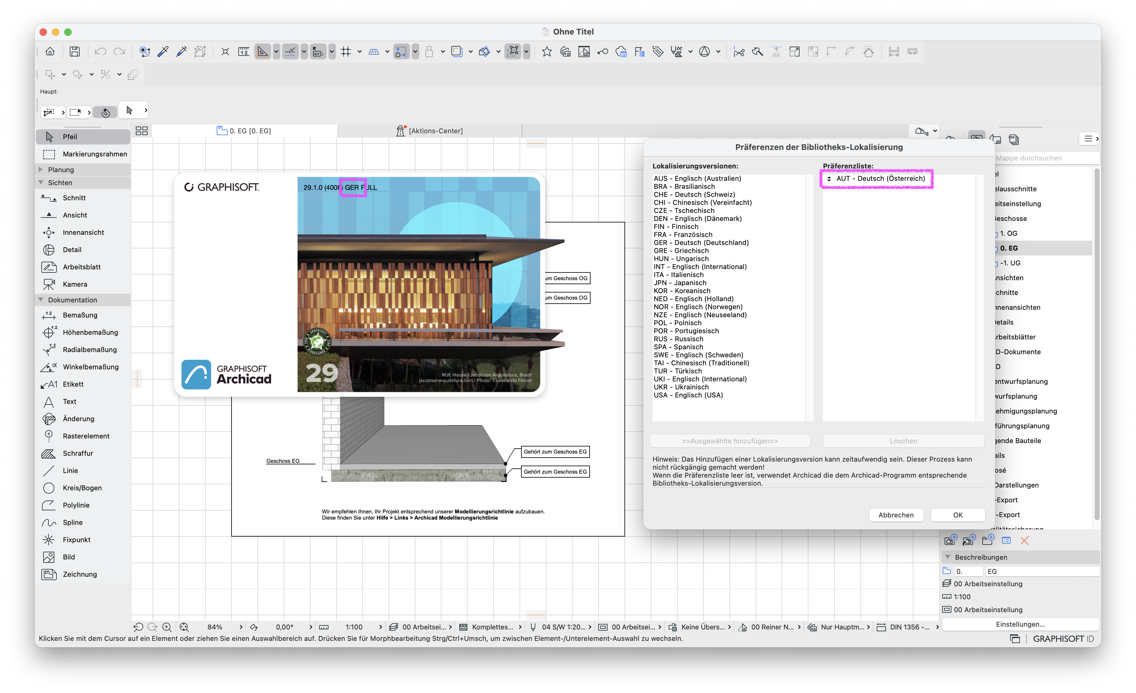 In dem mit deutscher Vorlagendatei gestarteter Archicad-Datei mit deutscher Archicad Version, wird die Präferenz mit AUT Deutsch festgelegt.