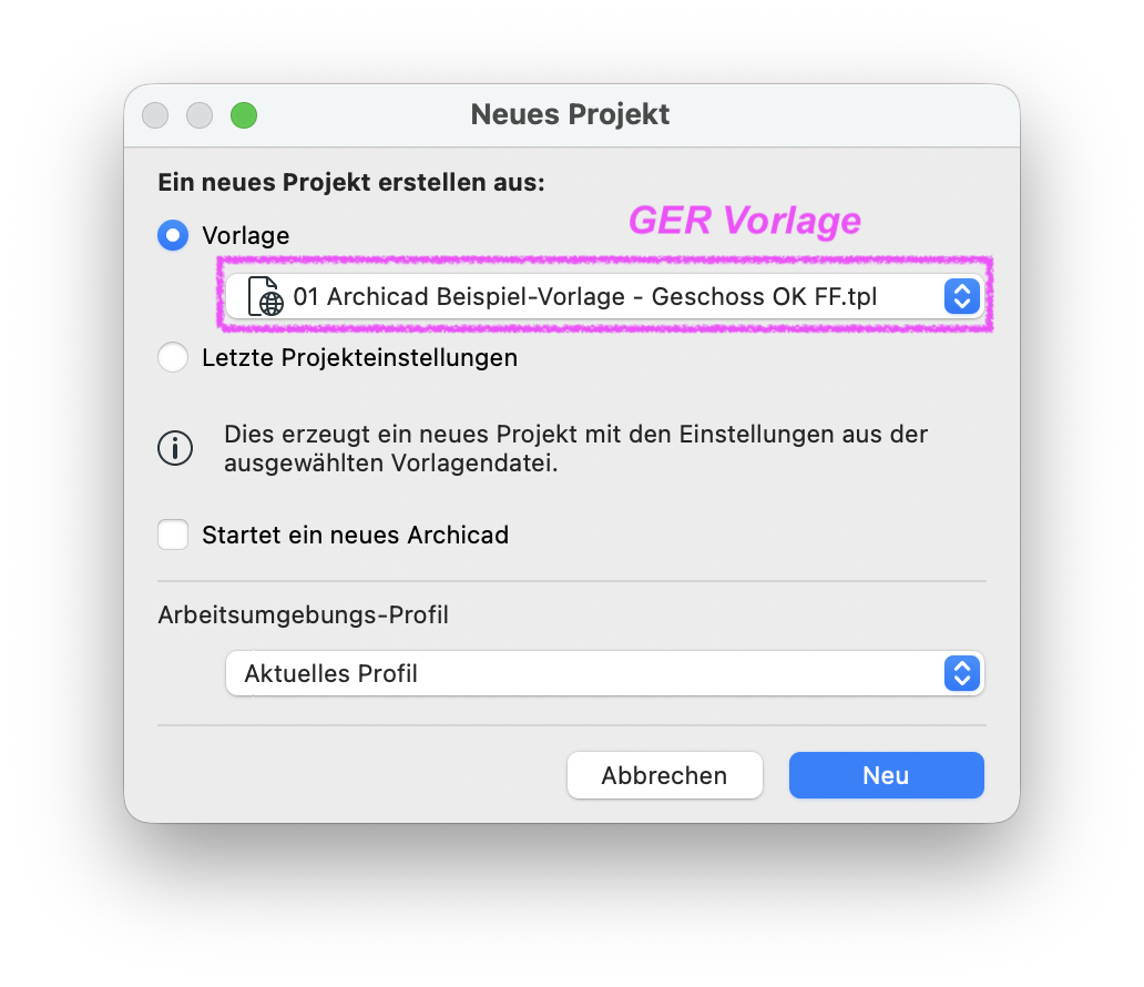 Dialog 'Neues Projekt' bei der die deutsche Vorlagendatei gewählt wurde.