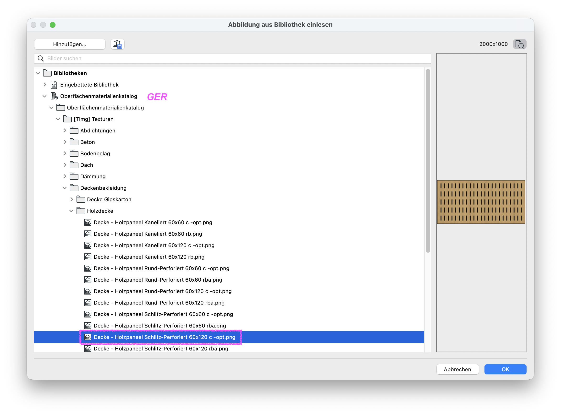 Dialog Abbildung aus Bibliothek einlesen mit geöffnetem Ordner Oberflächenmaterialienkatalog GER, in der Liste der Holzdecke‑Texturen ist die Datei Decke – Holzpaneel Schlitz‑Perforiert 60x120 c – opt.png ausgewählt und die Vorschau der Holzpaneel‑Textur wird rechts angezeigt.
