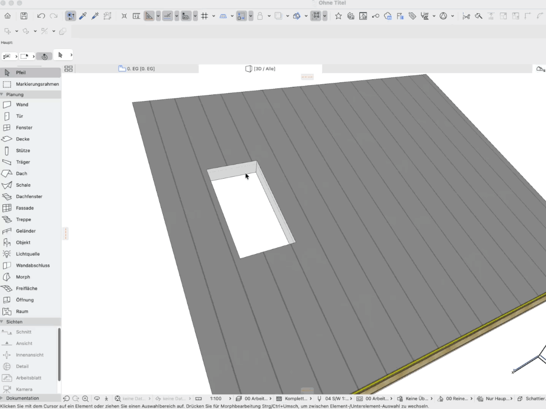 Leere Öffnung des Dachfenster-Werkzeugs kann nicht im 3D ausgewählt werden.