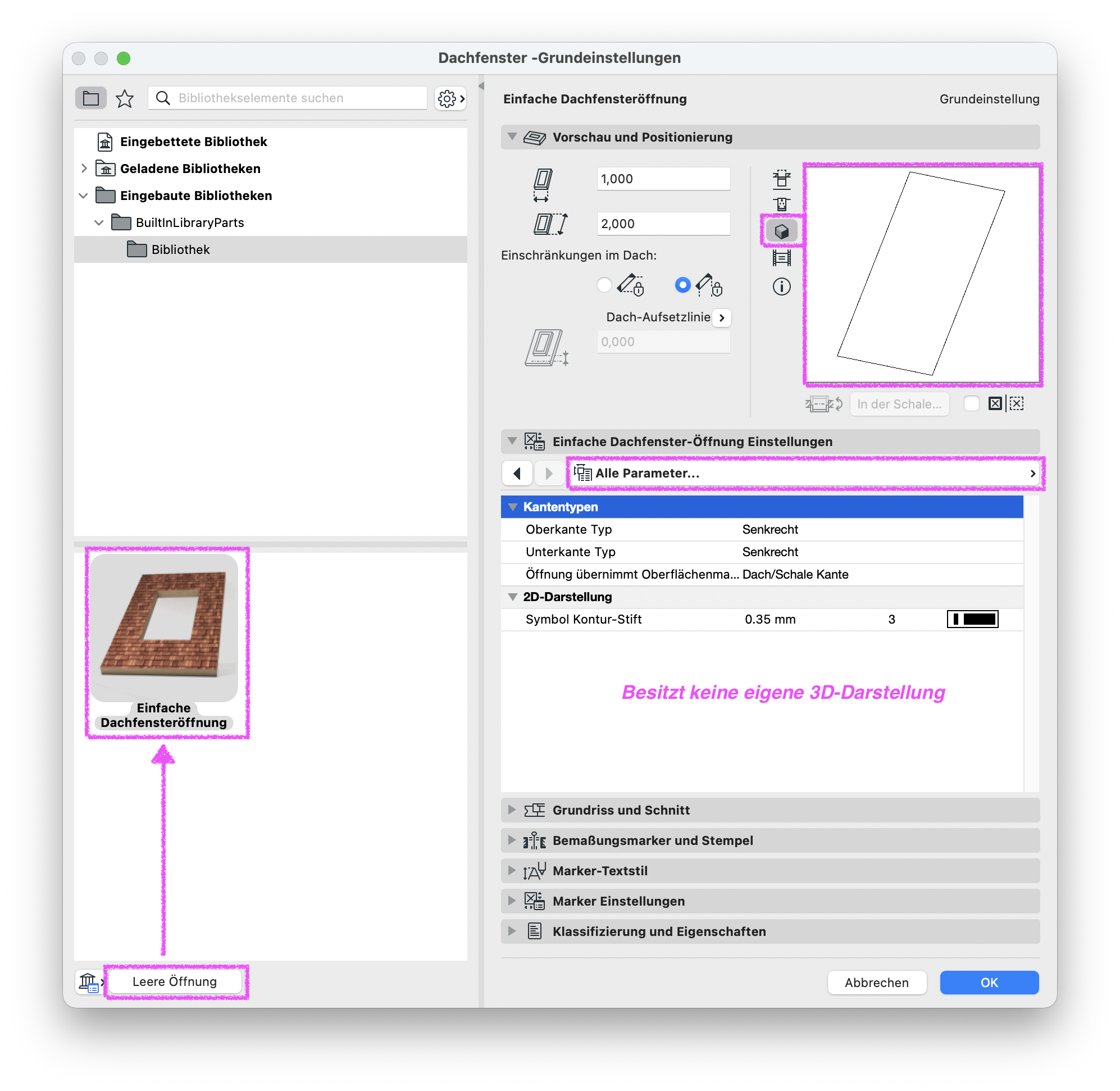 Dialog Dachfenster‑Grundeinstellungen mit ausgewähltem Objekt Einfache Dachfensteröffnung, rechts werden die Einstellungen der Einfachen Dachfenster‑Öffnung ohne eigene 3D‑Darstellung angezeigt, unten ist der Bibliothekseintrag Leere Öffnung als Quelle hervorgehoben.