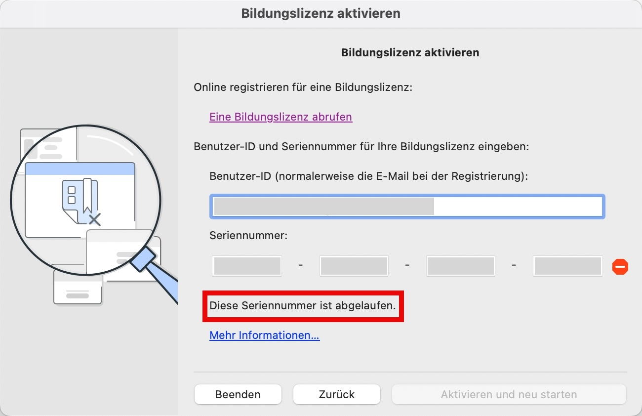 Bildungslizenz aktivieren in Archicad: Diese Seriennummer ist abgelaufen.