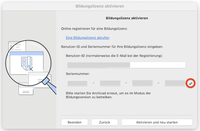 Archicad: Bildungslizenz aktivieren mit akzeptierter EDU-Lizenz.