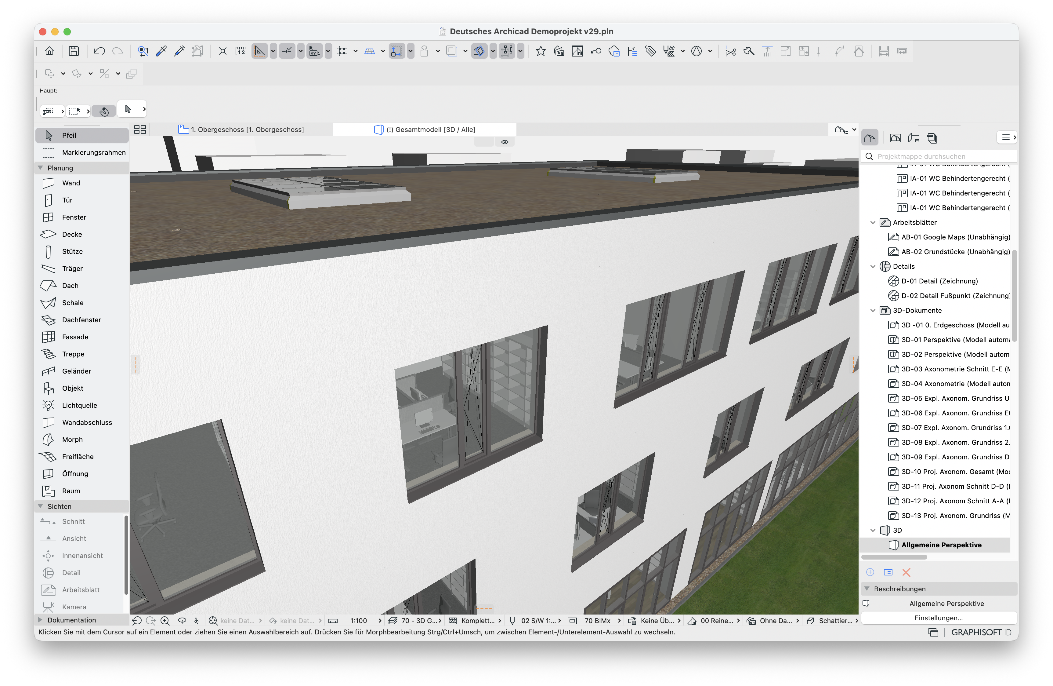 3D‑Ansicht der Außenfassade mit mehreren Fenstern, das betroffene Fenster wird in der Ansicht korrekt mit Rahmen und Verglasung dargestellt.