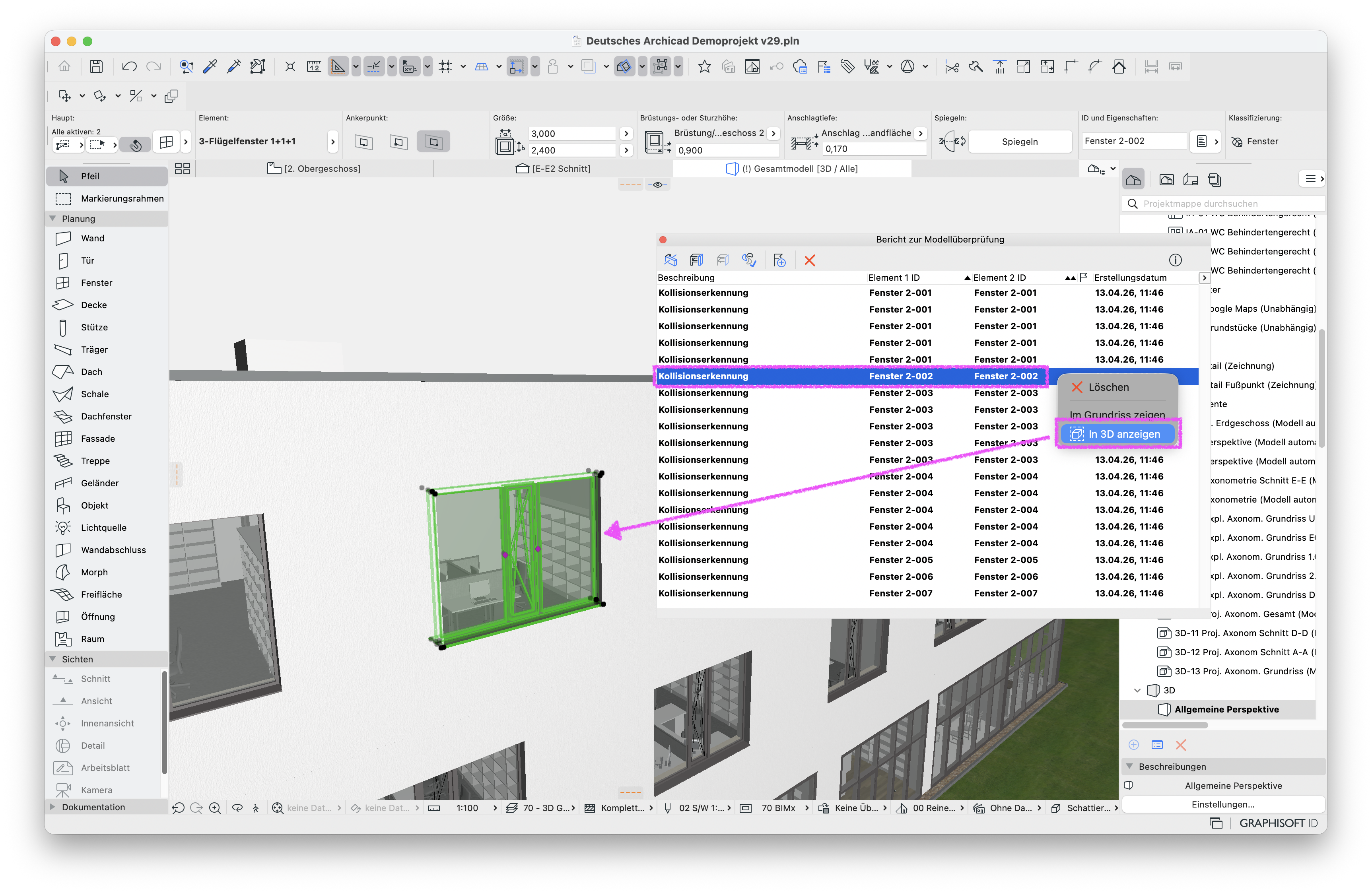 3D‑Ansicht der Fassade mit grün markiertem Fenster, daneben zeigt der Dialog Bericht zur Modellüberprüfung mehrere gefundene Kollisionen zwischen überlappenden Fenstern und die Option Im 3D anzeigen für die ausgewählte Kollision.