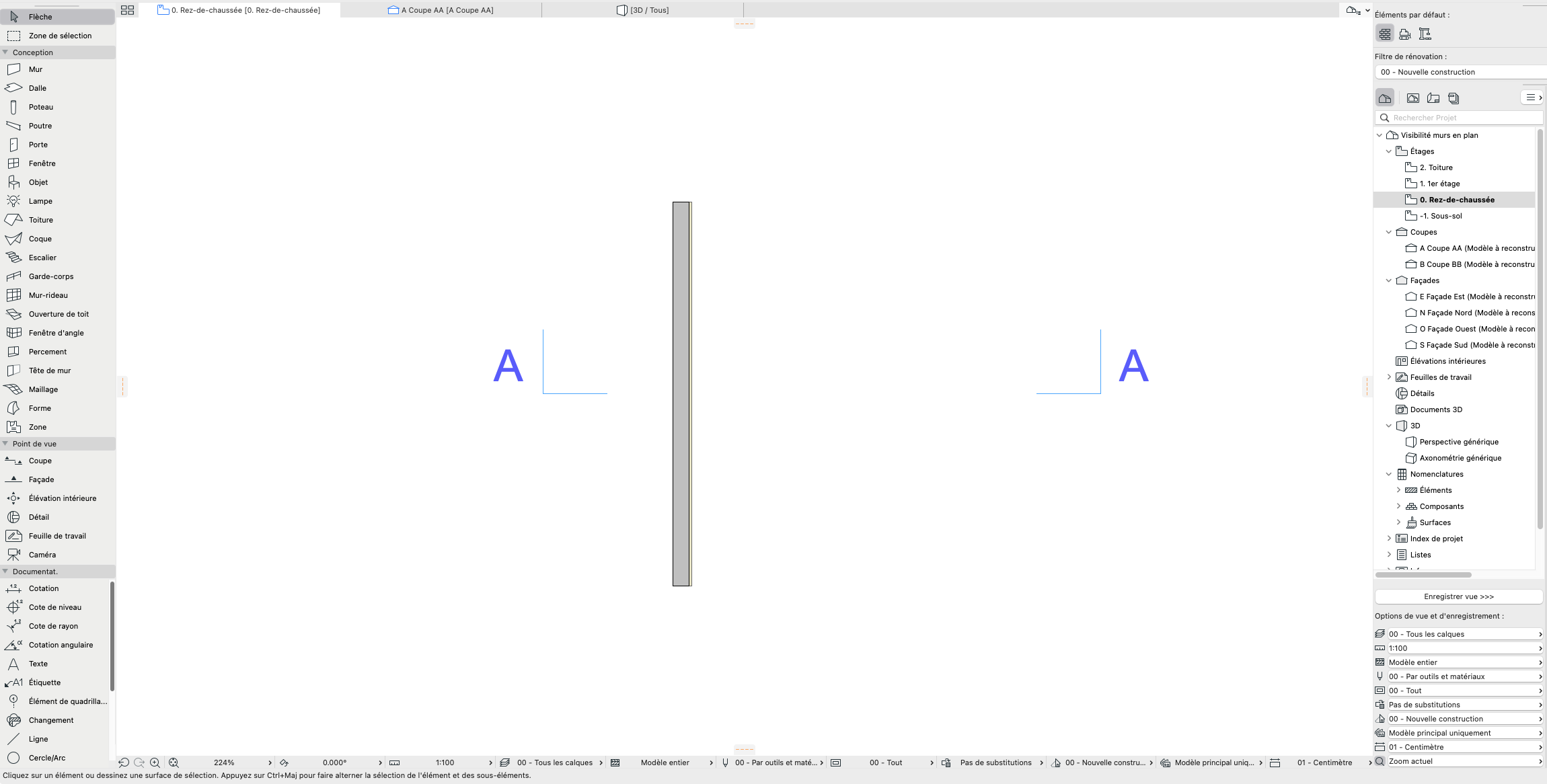 Interface Archicad en vue de plan montrant un mur vertical au centre et deux symboles de coupe marqués « A » de part et d’autre, avec la barre d’outils de conception à gauche et l’arborescence du navigateur de projet à droite.