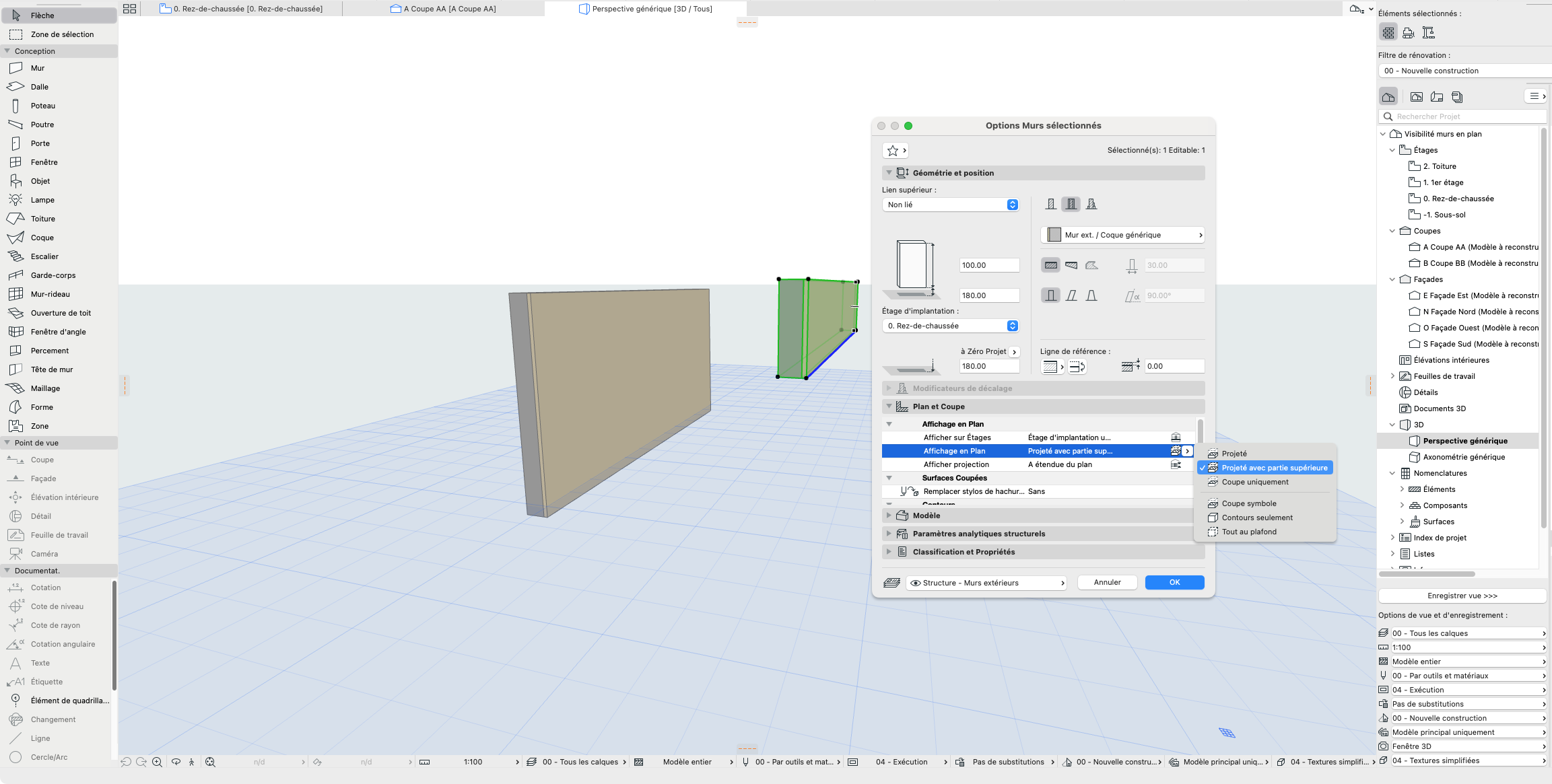 Vue 3D dans Archicad montrant deux murs parallèles sur une grille bleue, avec la boîte de dialogue « Options Mur sélectionnés » ouverte au centre‑droite, onglet « Plan et Coupe », et le menu « Affichage en Plan » déroulé sur l’option « Projeté avec partie supérieure ».