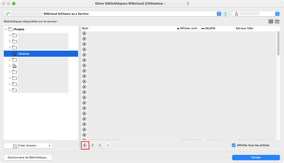 Fenêtre « Gérer bibliothèques BIMcloud » affichant le dossier « Libraries » sélectionné dans l’arborescence de gauche, avec la liste des bibliothèques à droite, et le bouton d’import de bibliothèque en bas mis en surbrillance rouge pour indiquer l’action de chargement sur le serveur.
