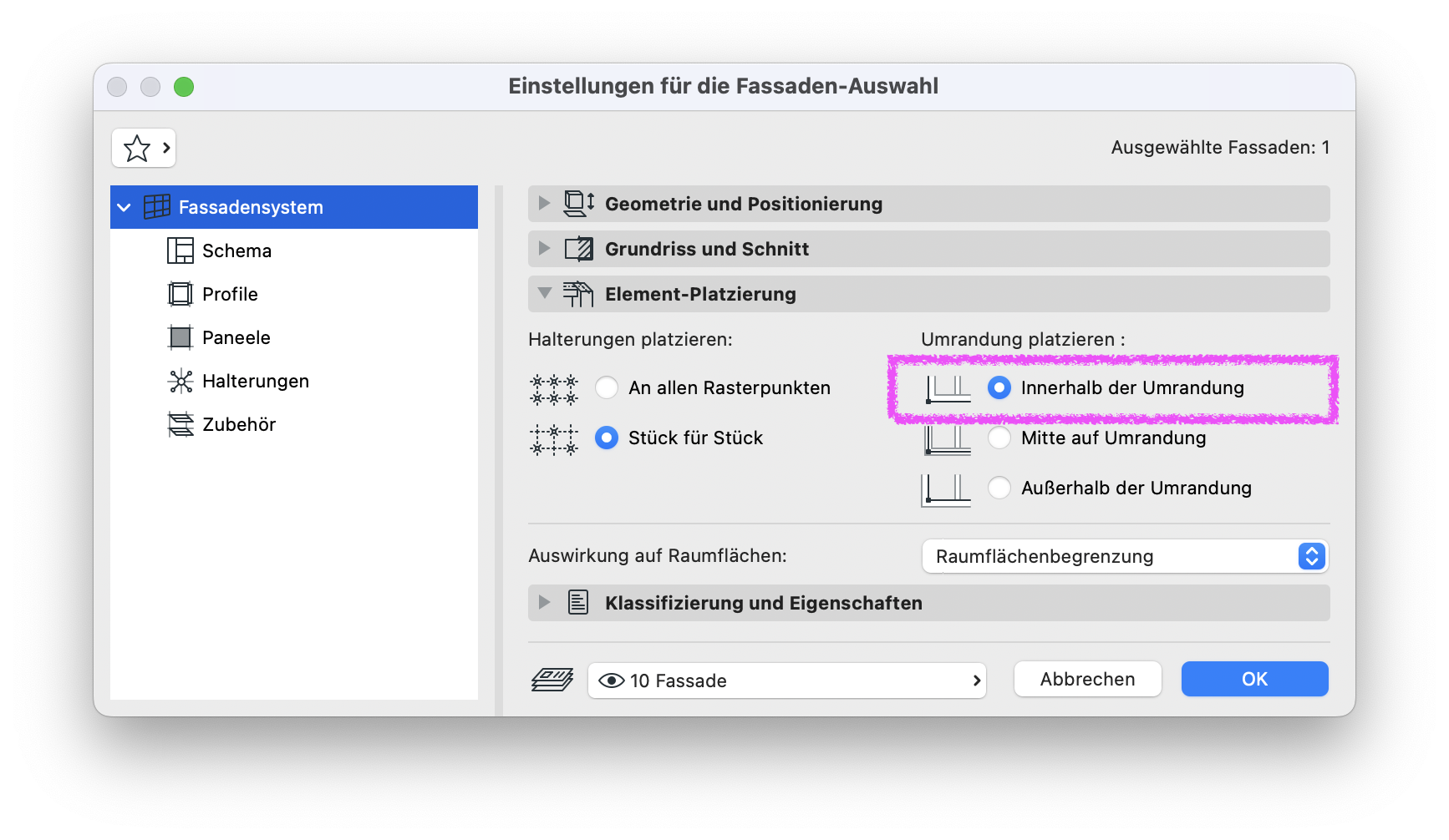 Archicad Dialog Einstellungen für die Fassaden-Auswahl, Bereich Element-Platzierung, mit aktivierter Option Umrandung platzieren: Innerhalb der Umrandung für die Positionierung der Fassadenelemente.