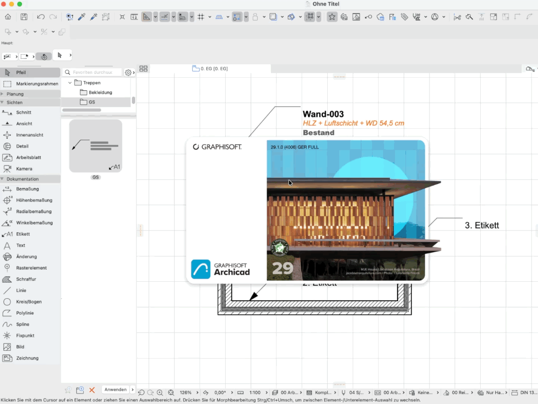 Wenn ein Favorit für ein Etikett in Archicad 29 angewandt wird, wird die Formatierung übernommen.