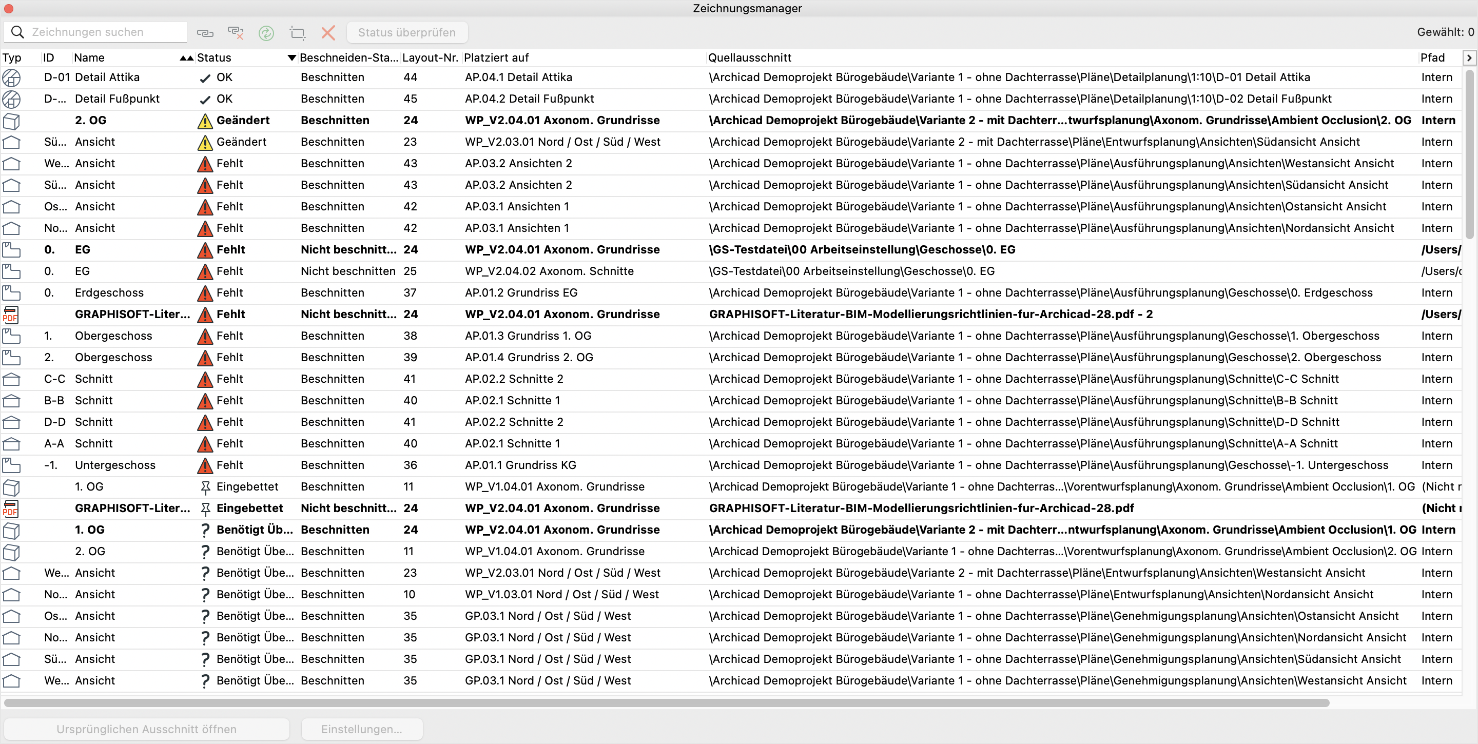 Dialog Zeichnungsmanager mit Liste aller Zeichnungen, in der Status‑Spalte sind mehrere Einträge mit Warnsymbol und Status Fehlt markiert was auf fehlende oder nicht aktualisierte Zeichnungen hinweist.
