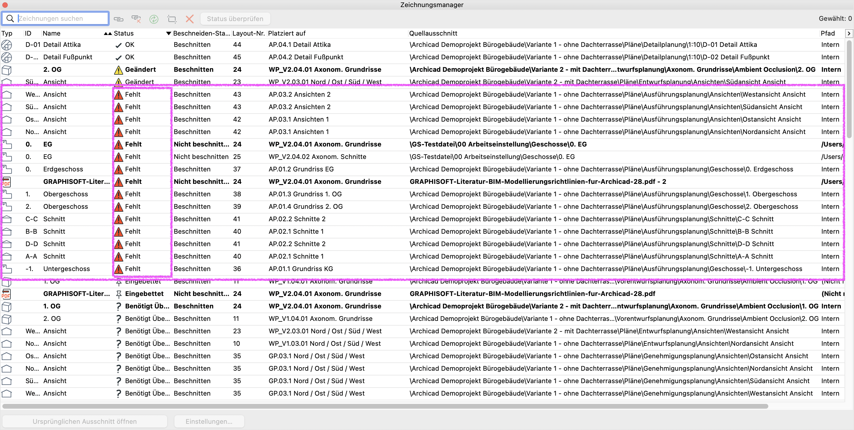Dialog Zeichnungsmanager mit hervorgehobener Status‑Spalte, mehrere Zeichnungen sind mit rotem Warnsymbol und Status Fehlt gekennzeichnet was auf nicht verknüpfte oder gelöschte Quelldateien hinweist.