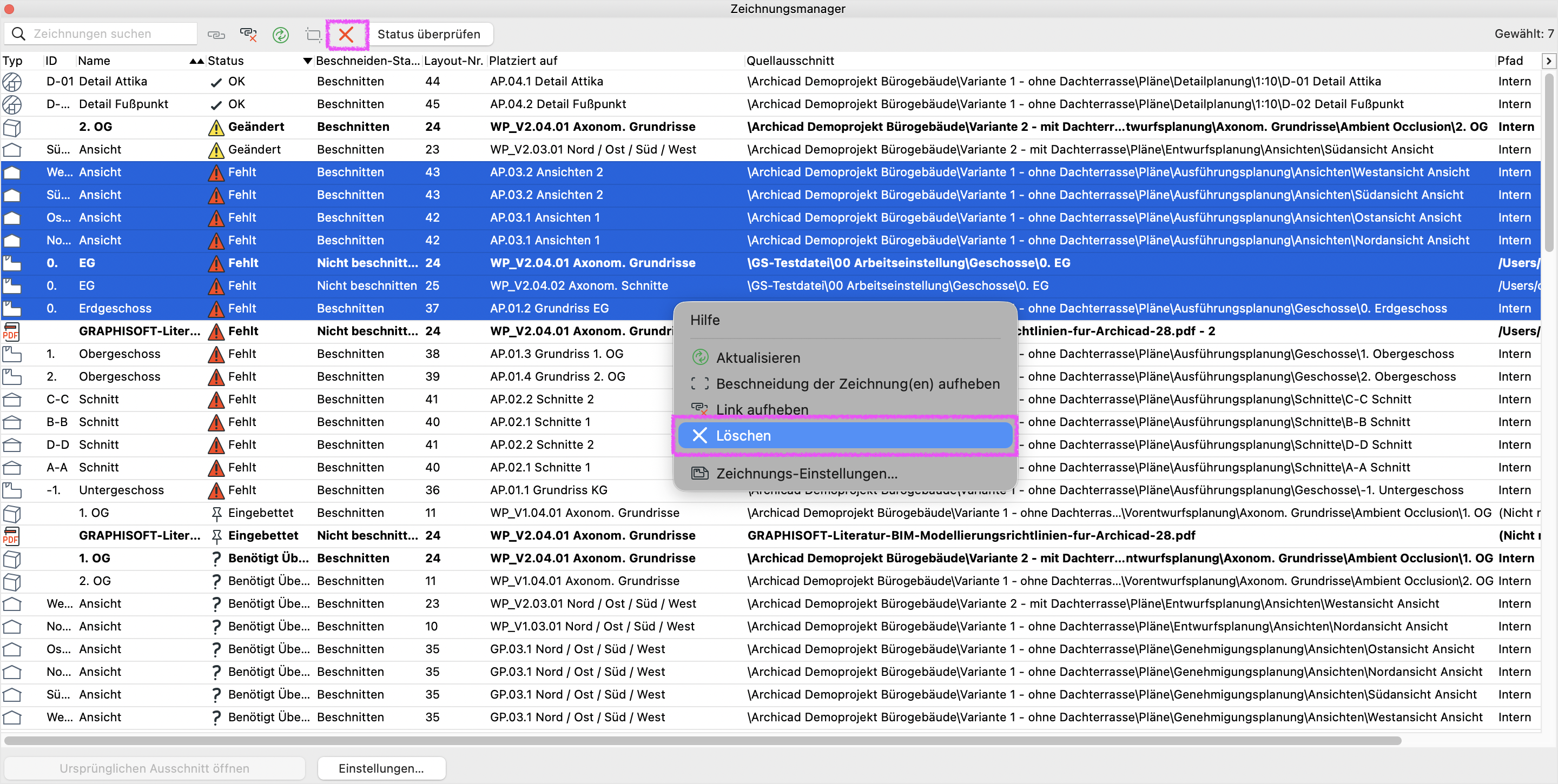 Dialog Zeichnungsmanager mit ausgewählten Zeichnungen im Status Fehlt, im Kontextmenü ist der Befehl Löschen markiert um die fehlenden Zeichnungseinträge aus dem Zeichnungsmanager zu entfernen.