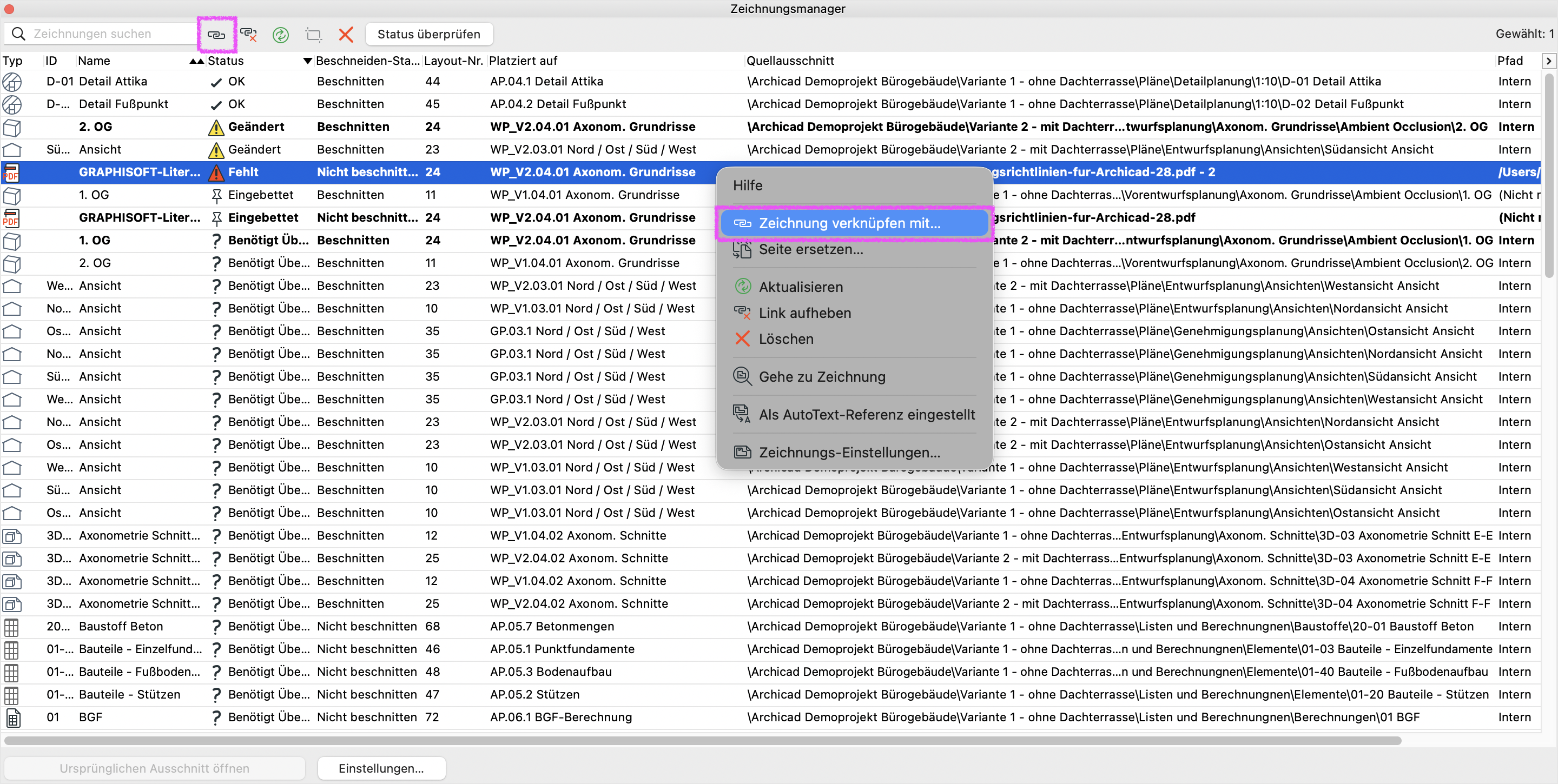 Dialog Zeichnungsmanager mit einer markierten Zeichnung im Status Fehlt, im Kontextmenü ist der Befehl Zeichnung verknüpfen mit… hervorgehoben um die fehlende Zeichnung wieder mit der korrekten Quelldatei zu verbinden.