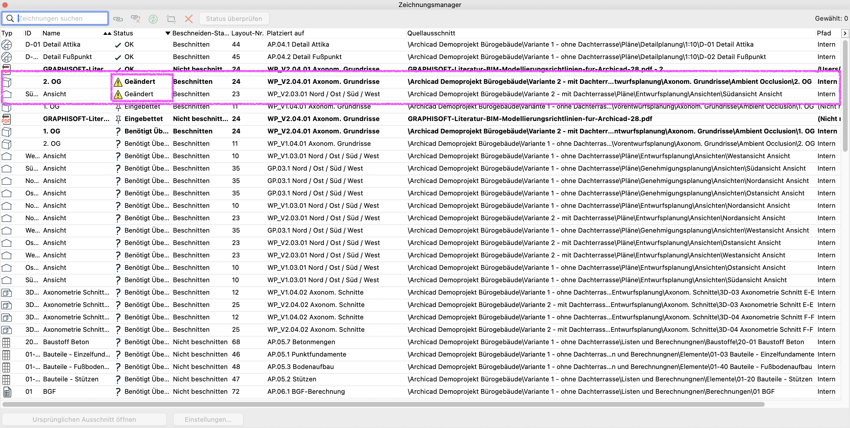 Dialog Zeichnungsmanager mit zwei Zeichnungen im Status Geändert, die Status‑Spalte mit gelbem Warndreieck zeigt an dass die verknüpften Zeichnungen aktualisiert werden müssen.