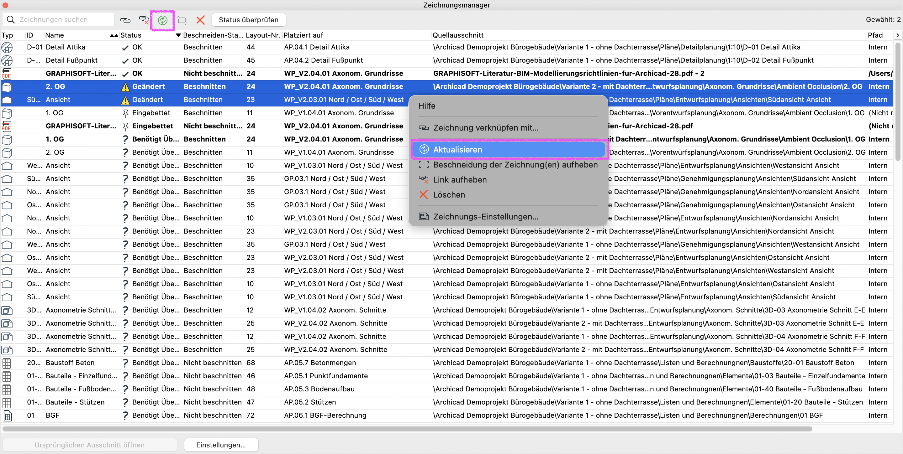 Dialog Zeichnungsmanager mit zwei ausgewählten Zeichnungen im Status Geändert, im Kontextmenü ist der Befehl Aktualisieren markiert um die verknüpften Zeichnungen auf den aktuellen Modellstand zu bringen.