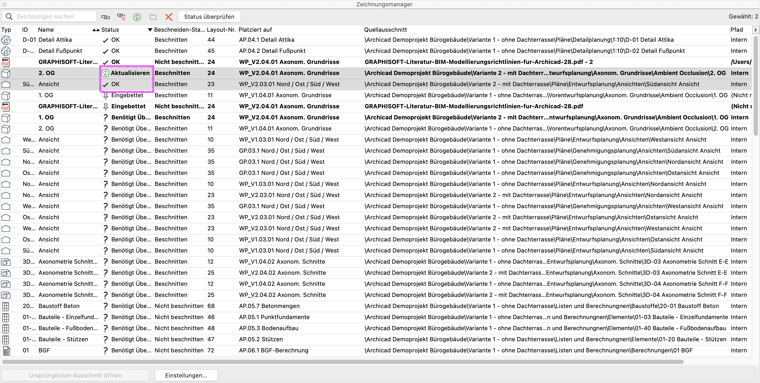 Dialog Zeichnungsmanager nach der Aktualisierung, die zuvor markierten Zeichnungen zeigen nun den Status OK mit grünem Häkchen und sind wieder vollständig mit den aktuellen Quelldaten verknüpft.