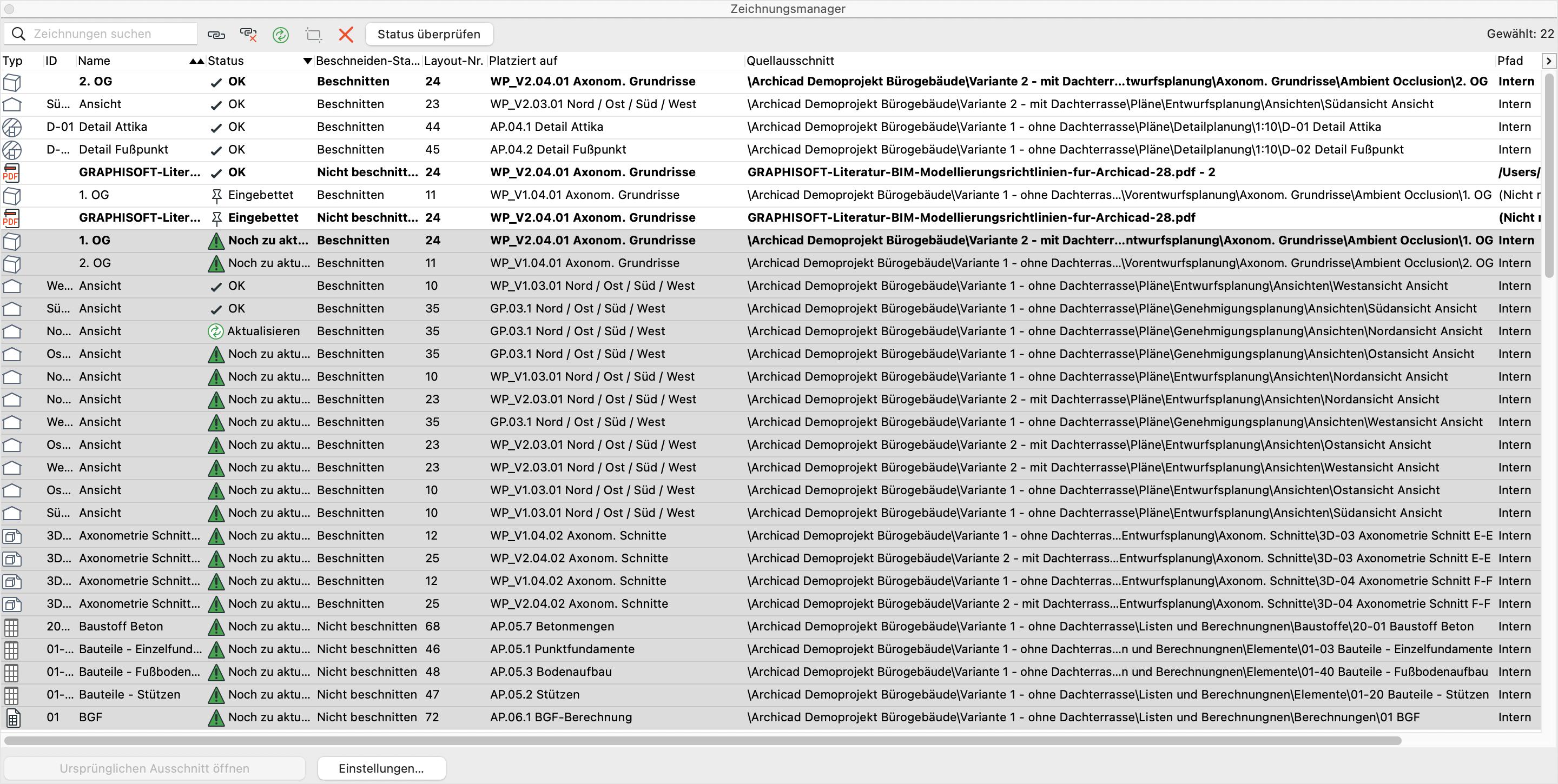 Dialog Zeichnungsmanager mit mehreren Zeichnungen im Status Noch zu aktualisieren und Aktualisieren, die grünen Dreiecke kennzeichnen, welche verknüpften Zeichnungen nach Modelländerungen noch aktualisiert werden müssen.