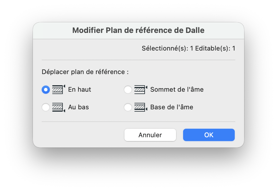 Boîte de dialogue Archicad intitulée « Modifier Plan de référence de Dalle » indiquant « Sélectionné(s) : 1 Editable(s) : 1 » et proposant quatre options de déplacement du plan de référence d’une dalle sous forme de boutons radio avec icônes de coupe : « En haut », « Au bas », « Sommet de l’âme » et « Base de l’âme », l’option « En haut » étant sélectionnée, avec en bas les boutons « Annuler » et « OK ».