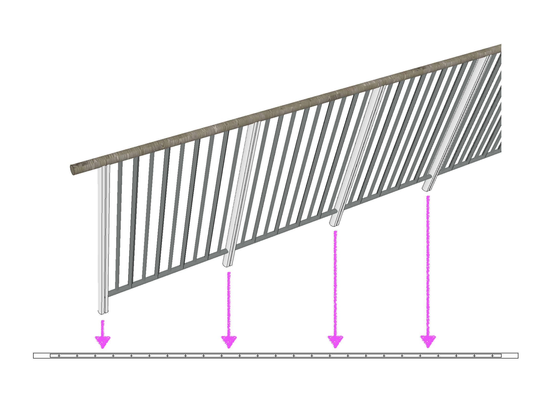 3D-Darstellung eines Geländers mit mehreren Stützen, die entlang einer Linie bzw. eines Rasters ausgerichtet sind; Pfeile markieren die Positionierung der Geländerstützen auf den zugrunde liegenden Referenzpunkten.