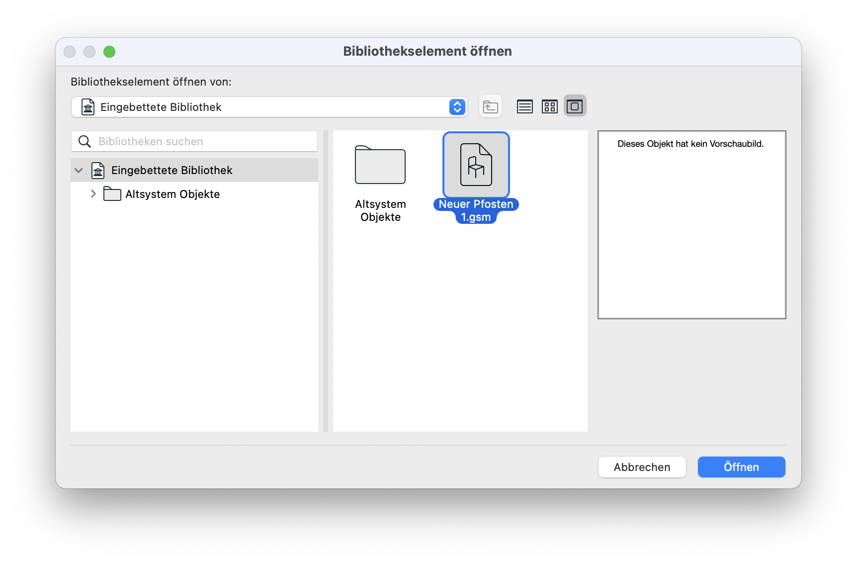 Dialog „Bibliothekselement öffnen“ mit Auswahl eines GDL-Objekts aus der eingebetteten Bibliothek; ausgewählt ist die Datei „Neuer Pfosten 1.gsm“, für die kein Vorschaubild vorhanden ist.